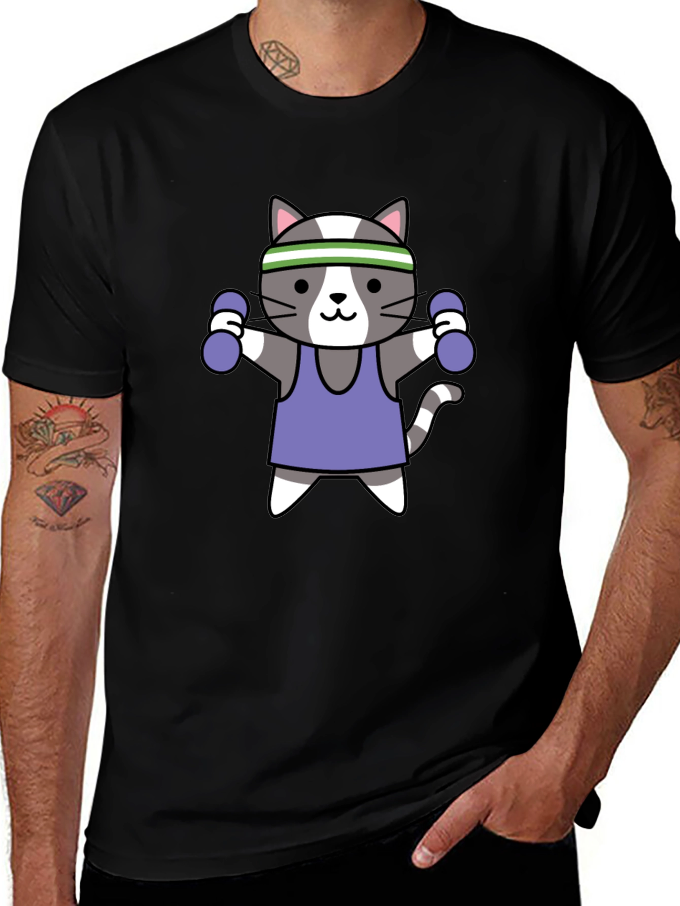 Workout Cat Graphic T-Shirt - Black Cotton Tee