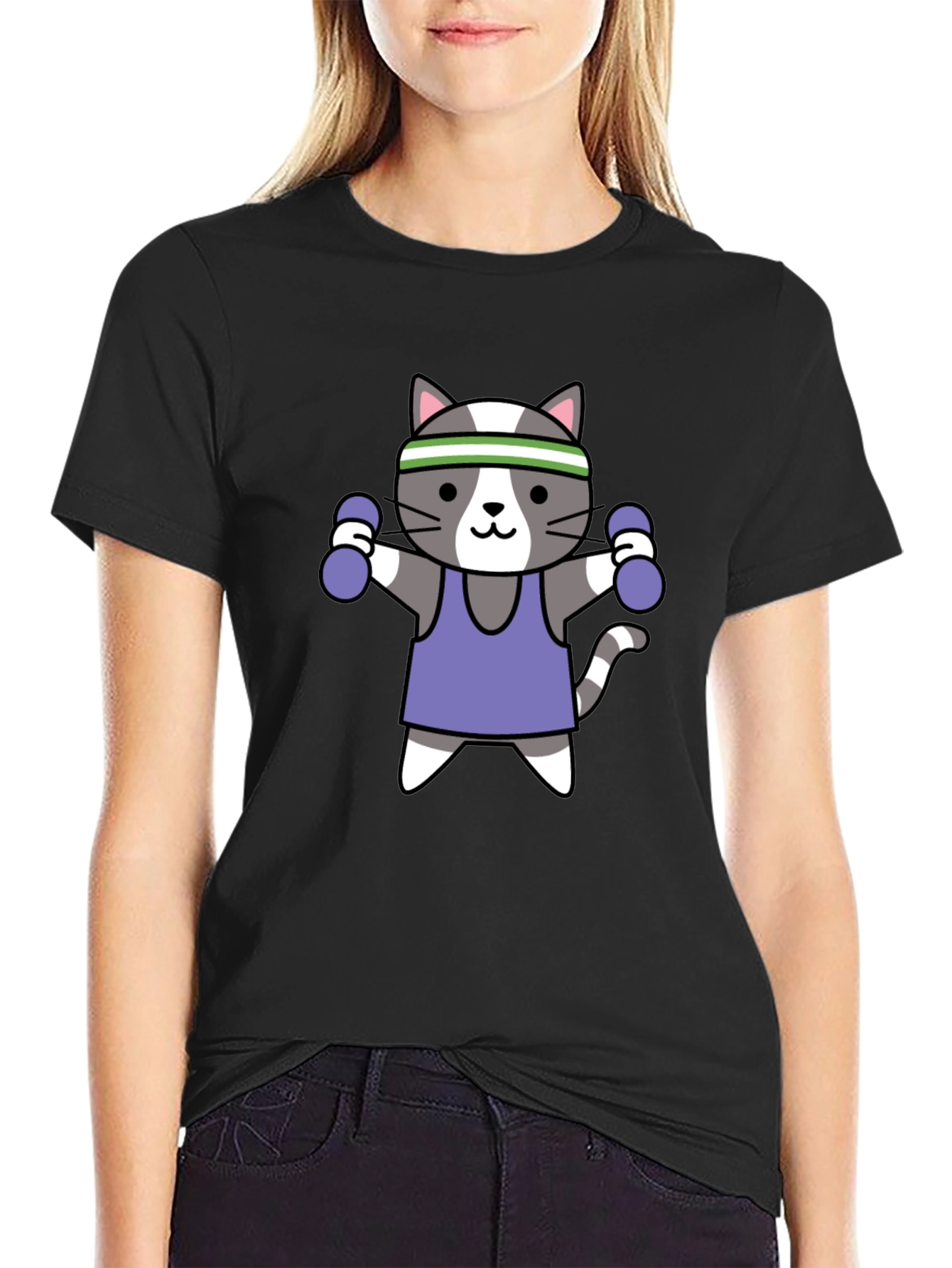 Workout Cat Graphic T-Shirt - Black Cotton Tee
