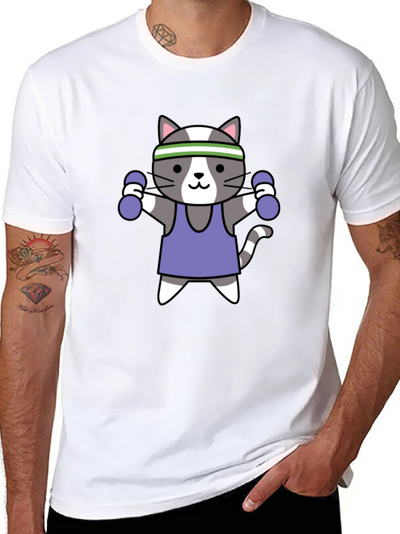 Workout Cat Graphic T-Shirt - Black Cotton Tee