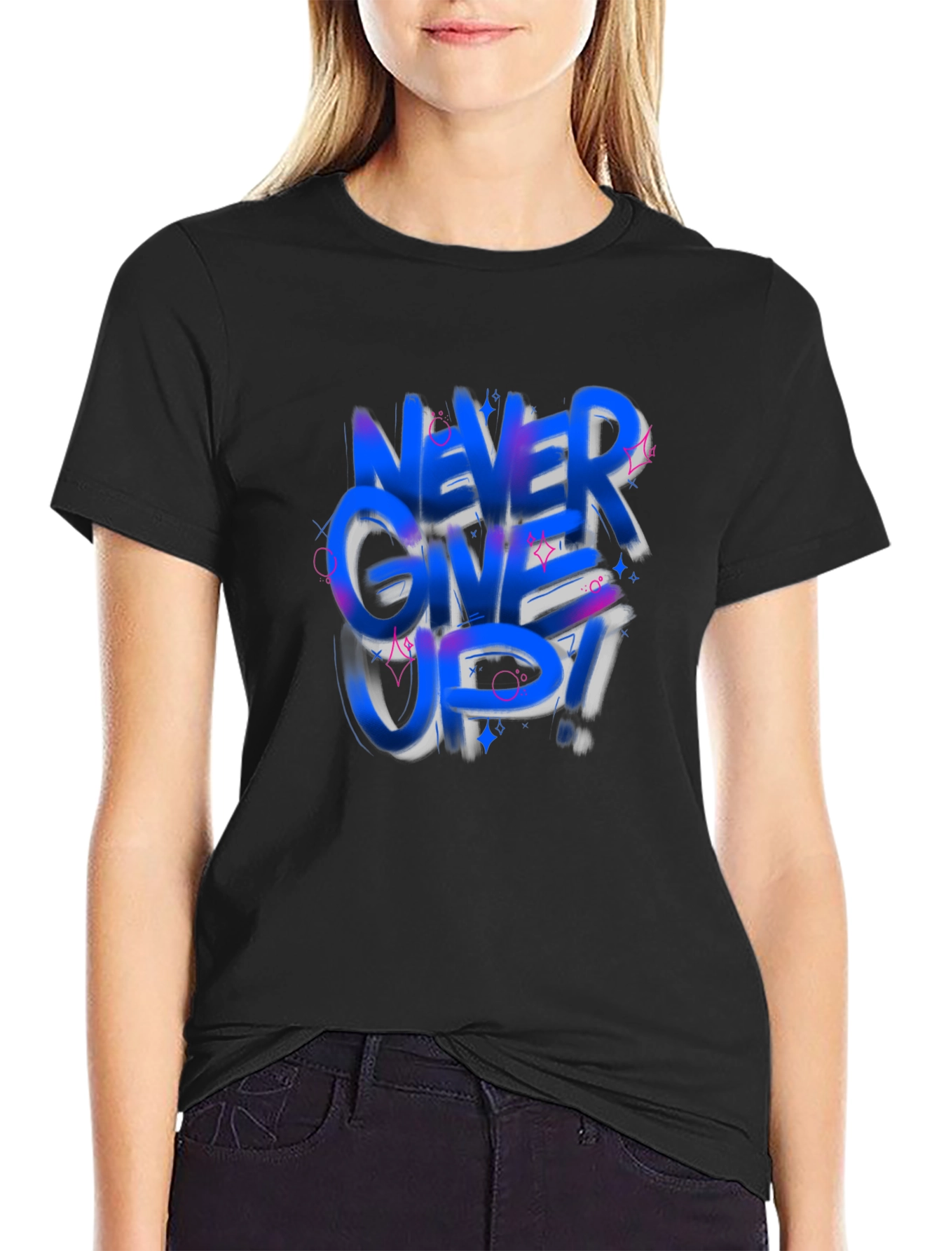 Never Give Up Graphic Tee - Trendy Black T-Shirt