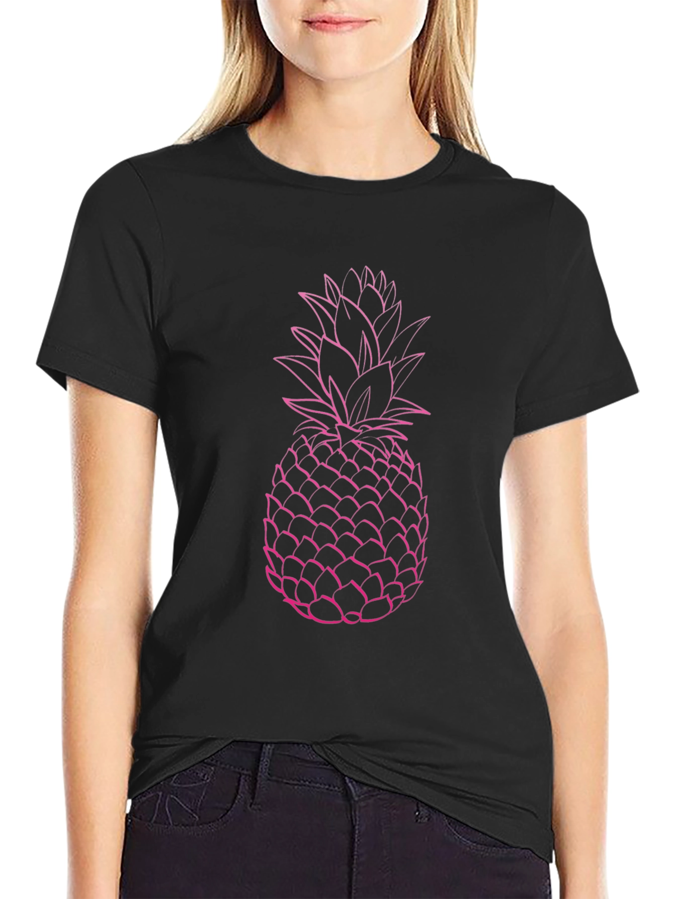 Pink Pineapple Graphic Black T-Shirt