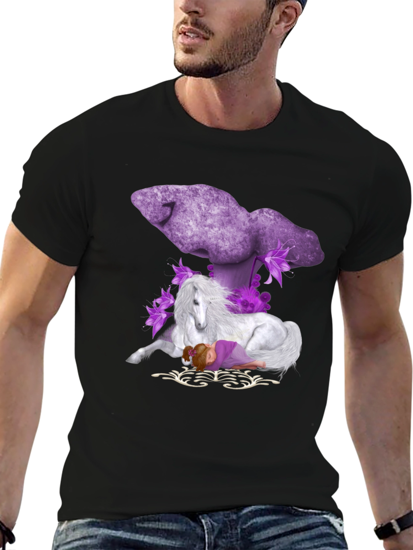 Unicorn & Girl Graphic Black T-Shirt