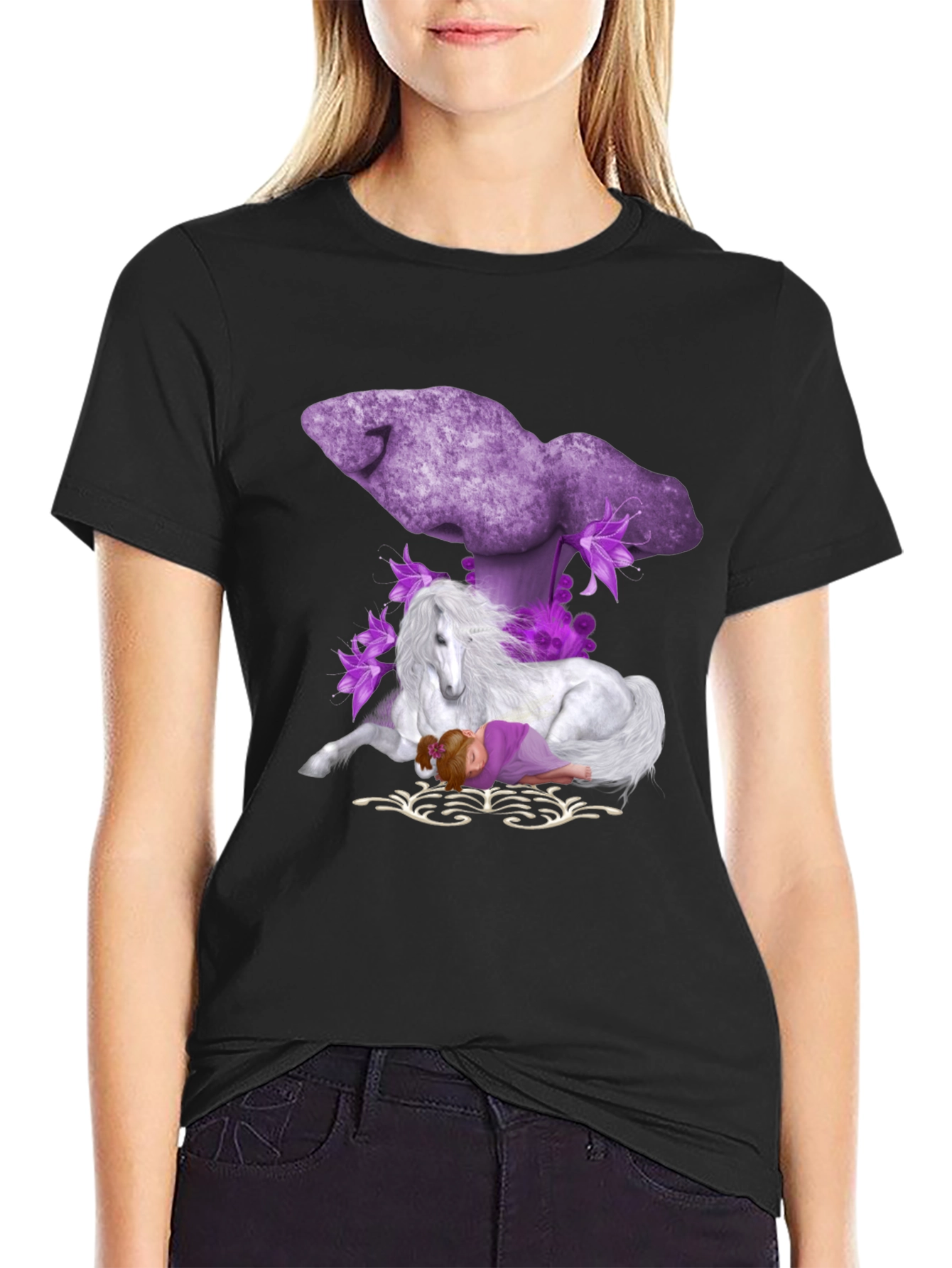 Unicorn & Girl Graphic Black T-Shirt
