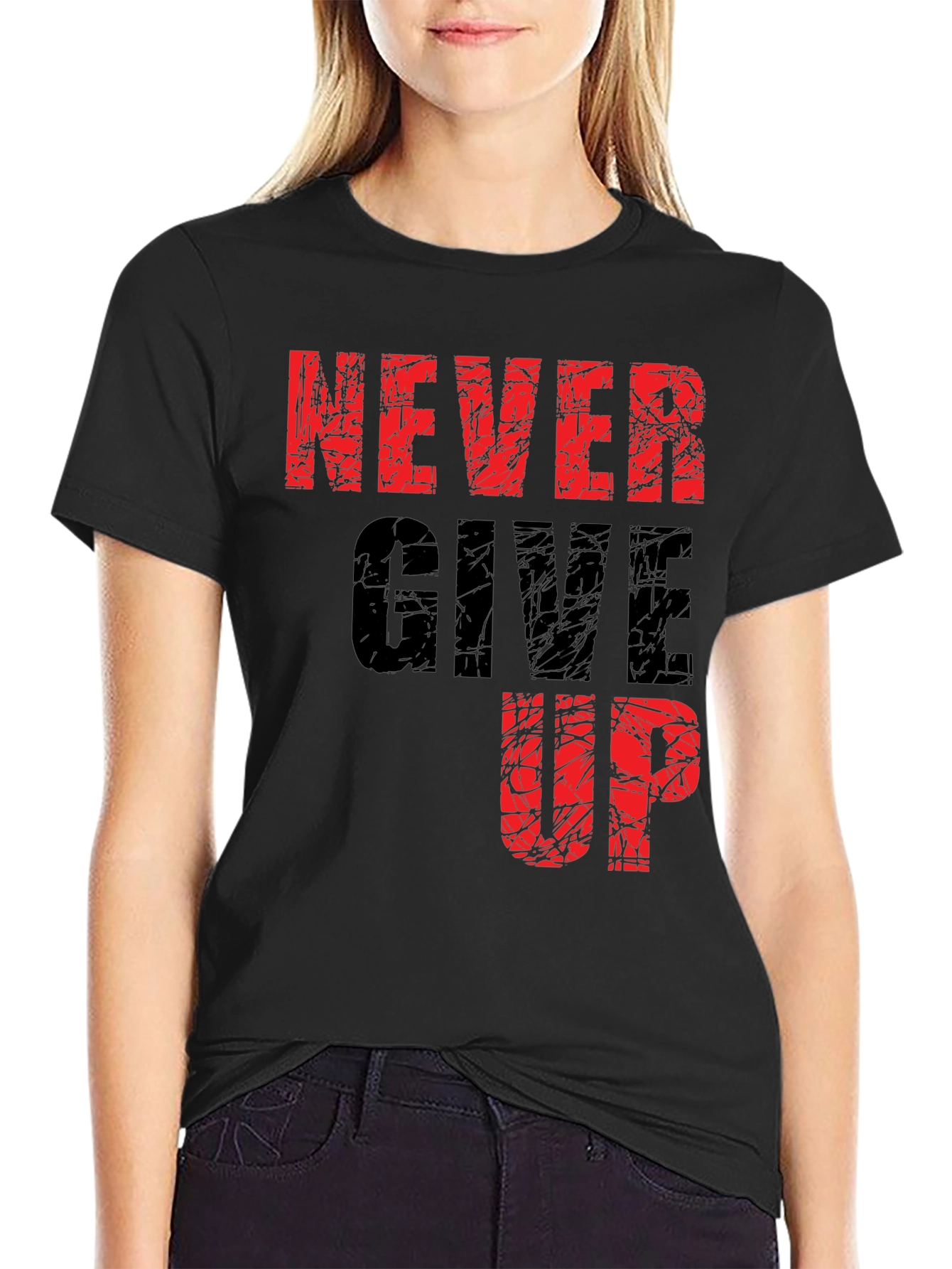 Never Give Up Graphic Print Black T-Shirt