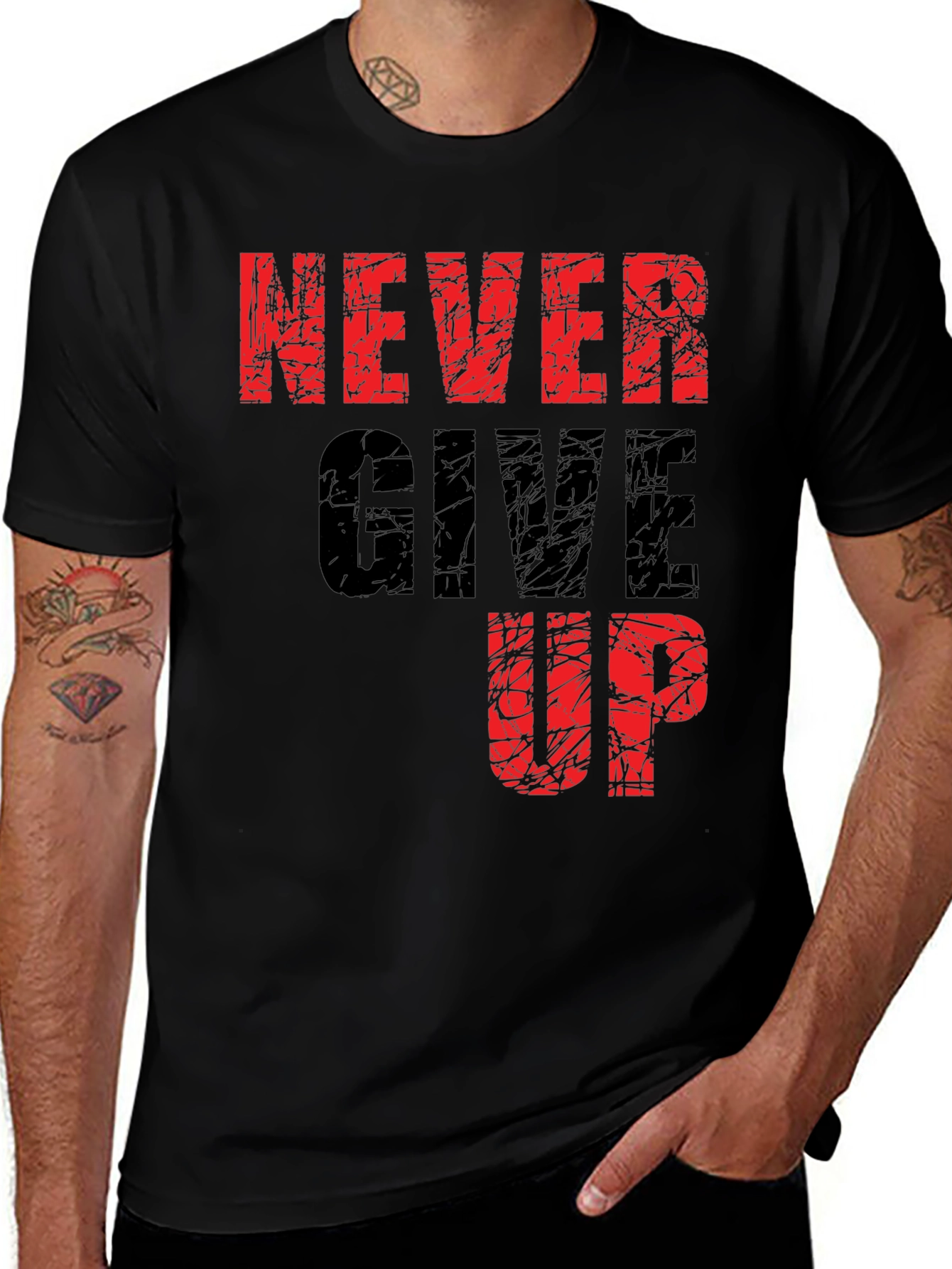 Never Give Up Graphic Print Black T-Shirt