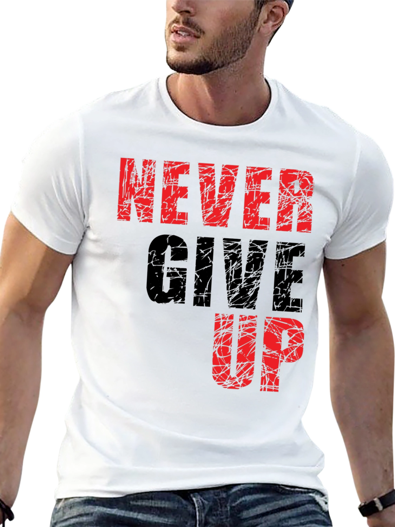 Never Give Up Graphic Print Black T-Shirt