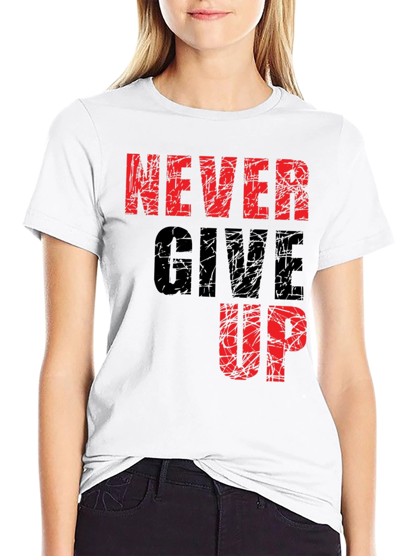 Never Give Up Graphic Print Black T-Shirt