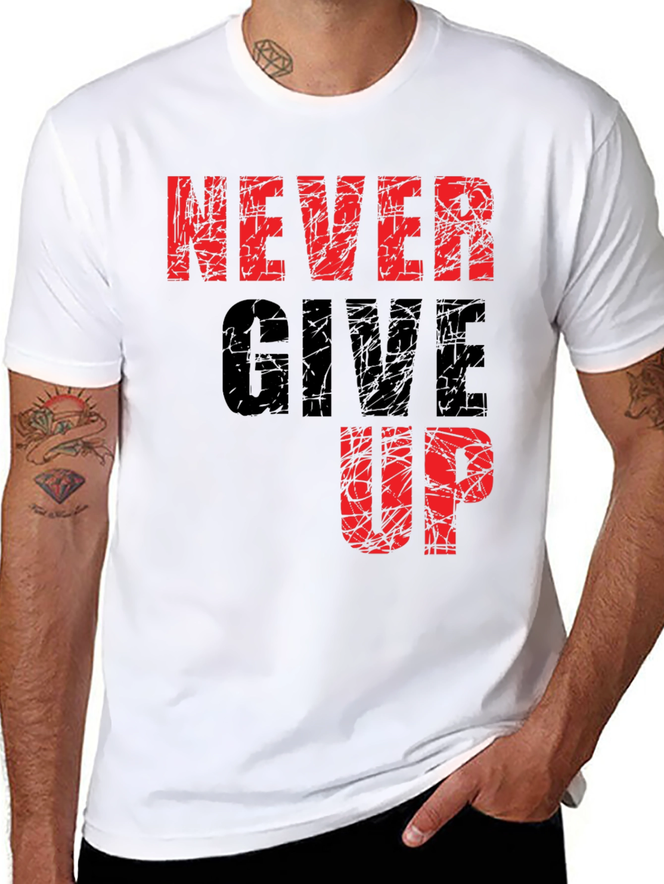 Never Give Up Graphic Print Black T-Shirt