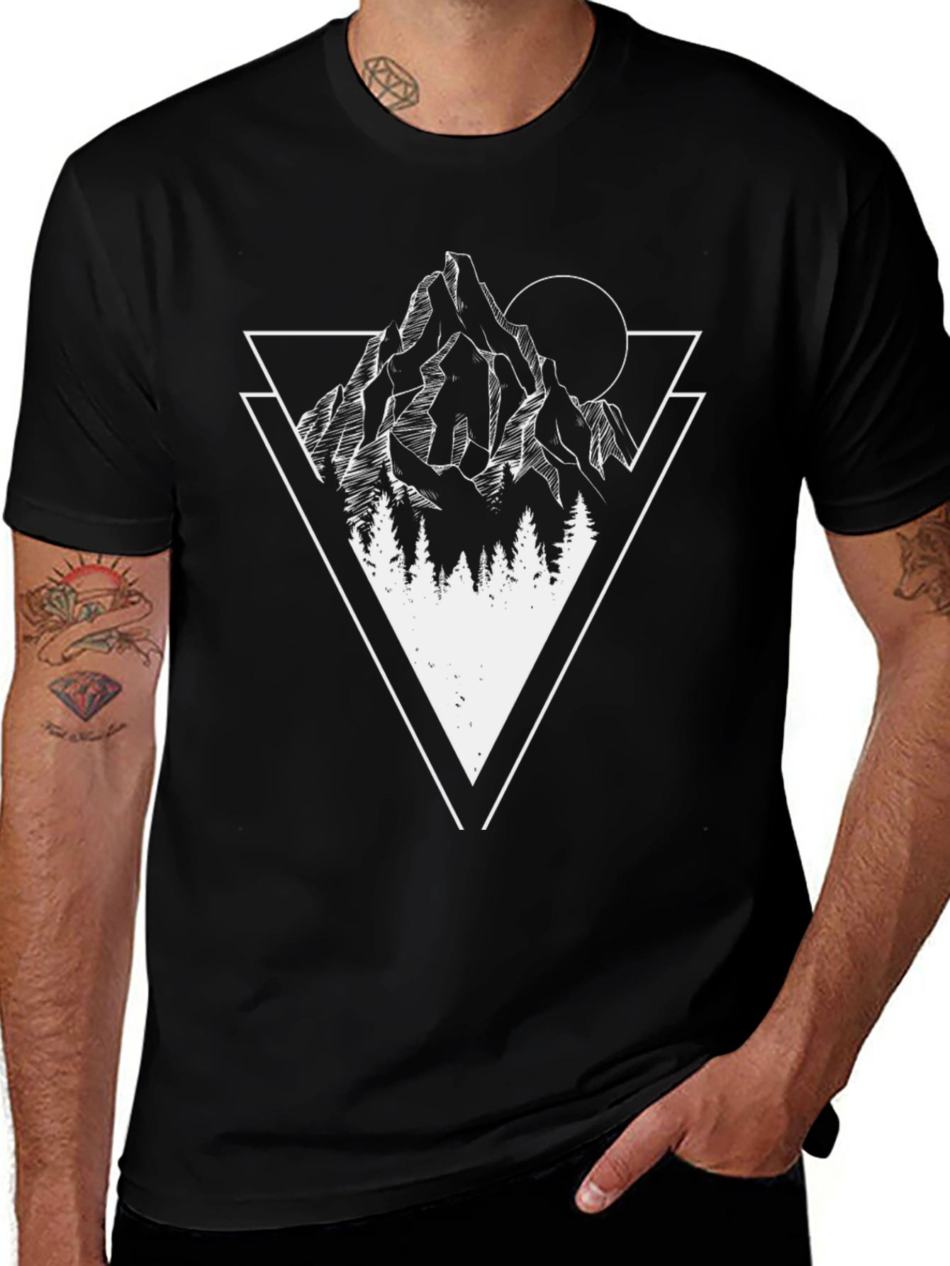 Geometric Mountain & Trees Graphic Tee - Black