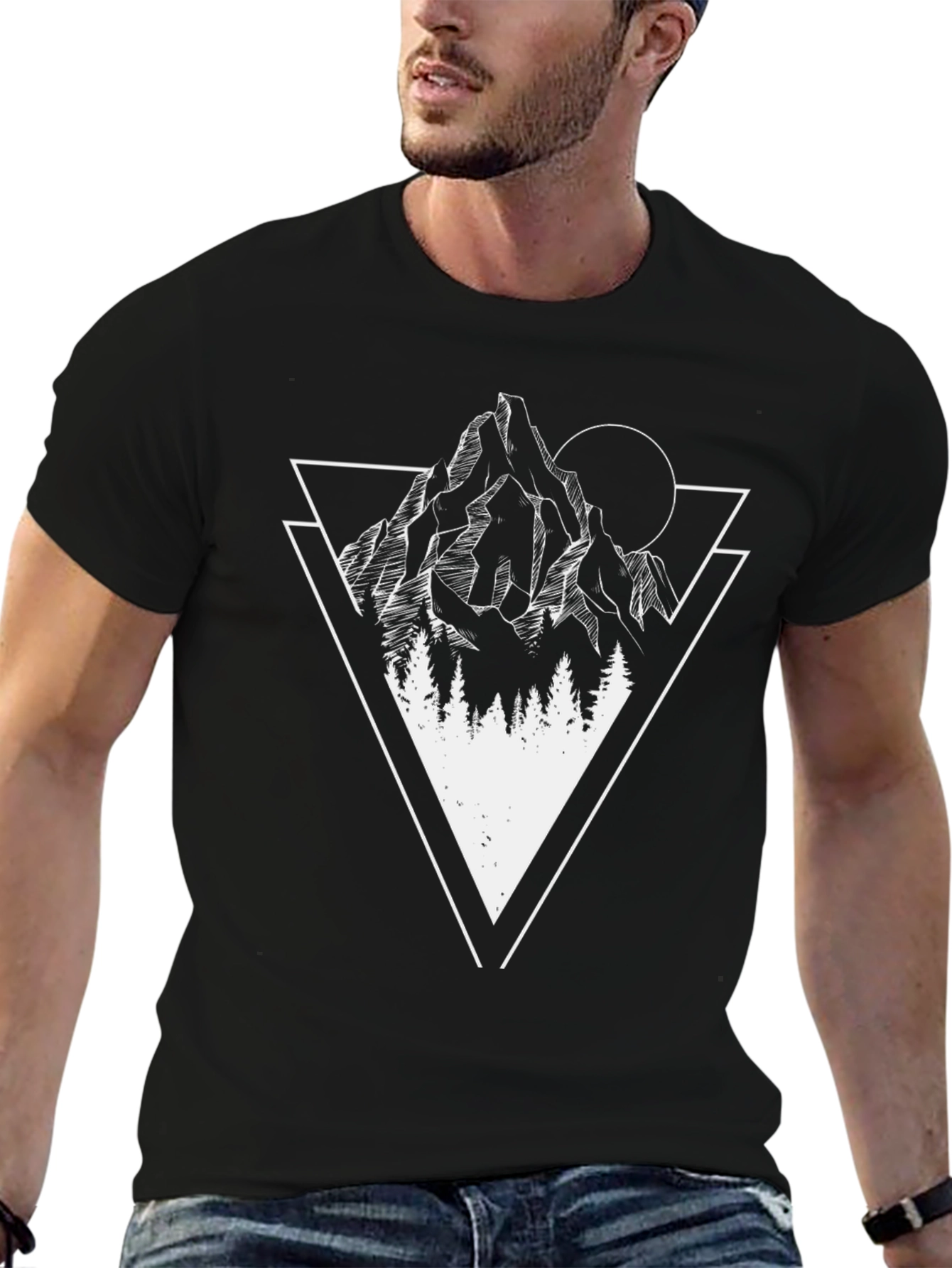 Geometric Mountain & Trees Graphic Tee - Black