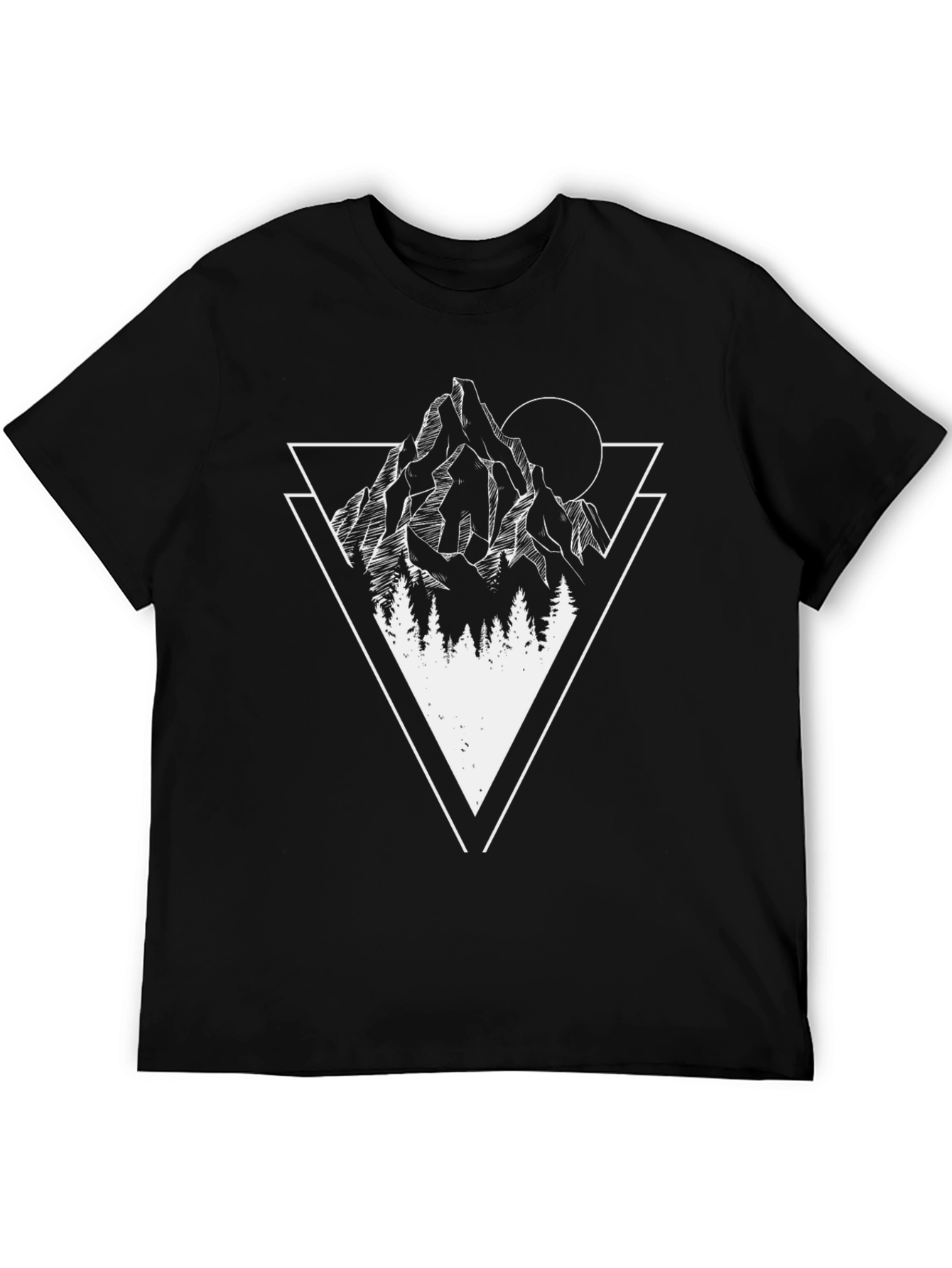 Geometric Mountain & Trees Graphic Tee - Black