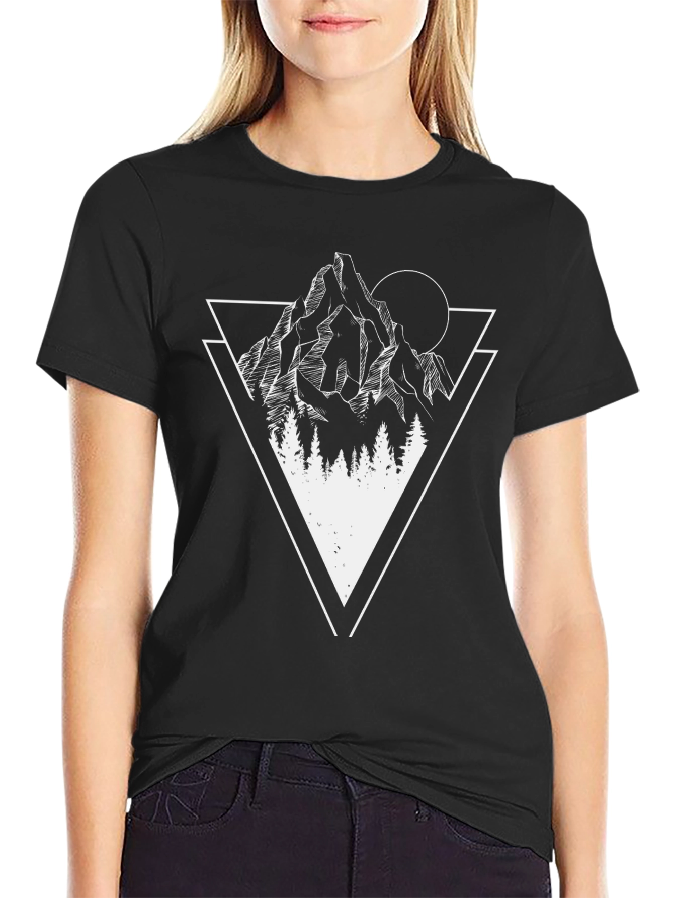 Geometric Mountain & Trees Graphic Tee - Black