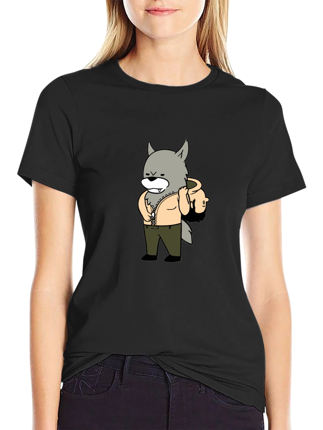Cartoon Wolf Graphic Tee - Casual Style