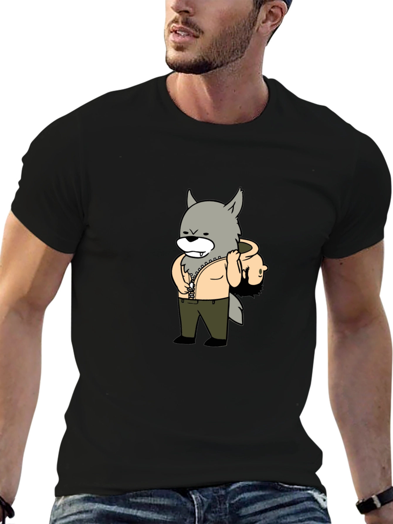 Cartoon Wolf Graphic Tee - Casual Style