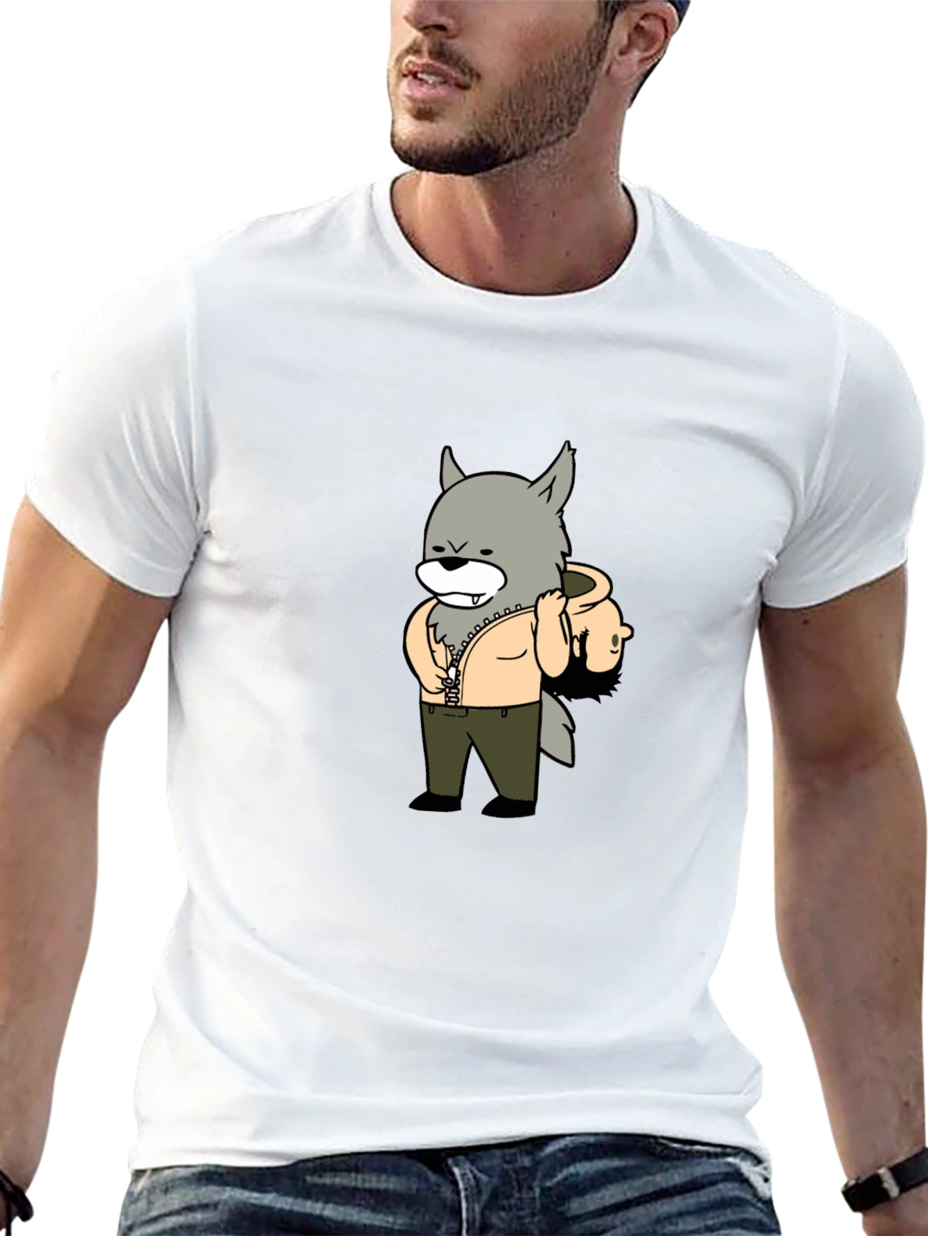 Cartoon Wolf Graphic Tee - Casual Style