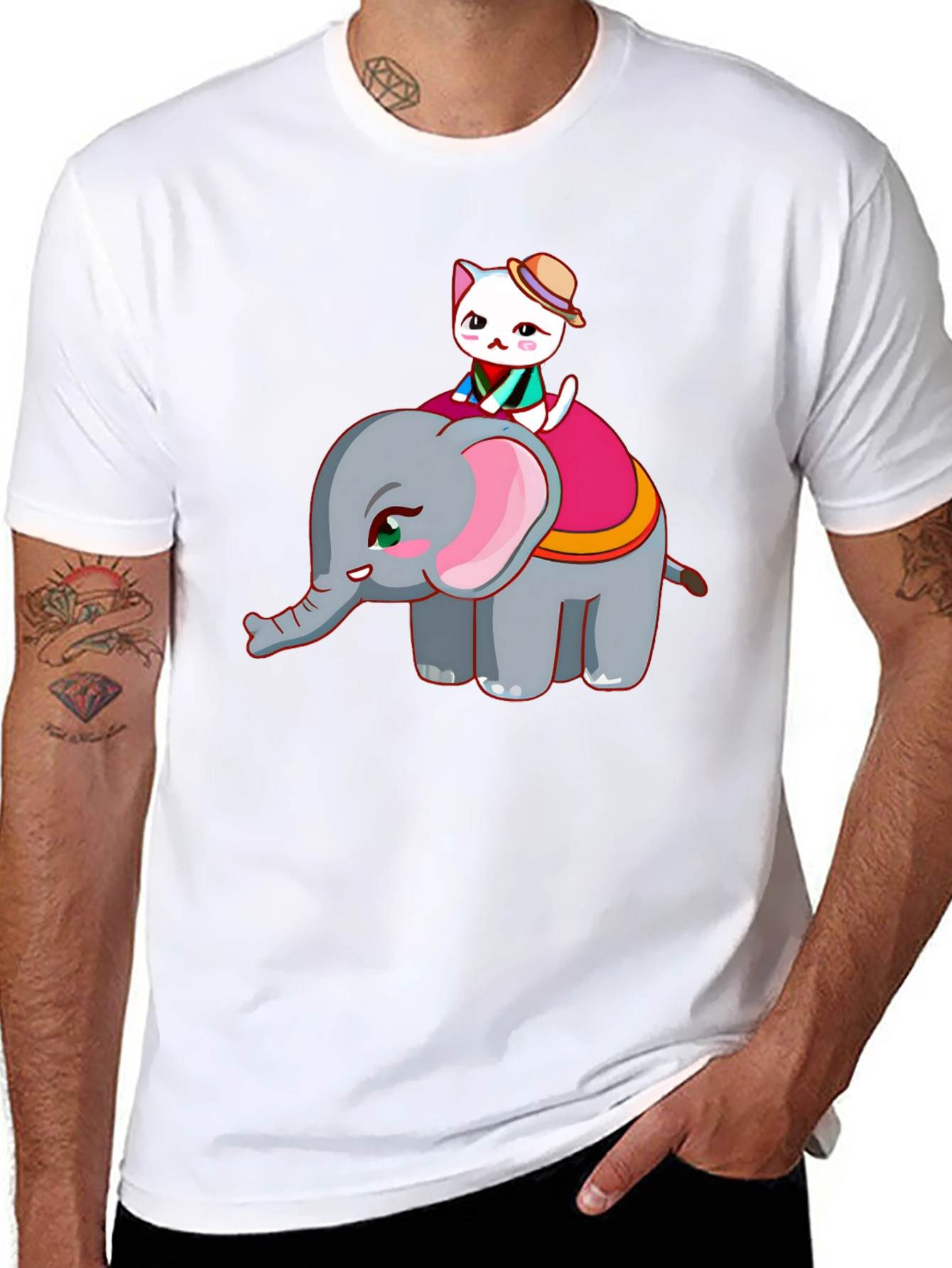 Cute Cat Riding Elephant Graphic T-Shirt