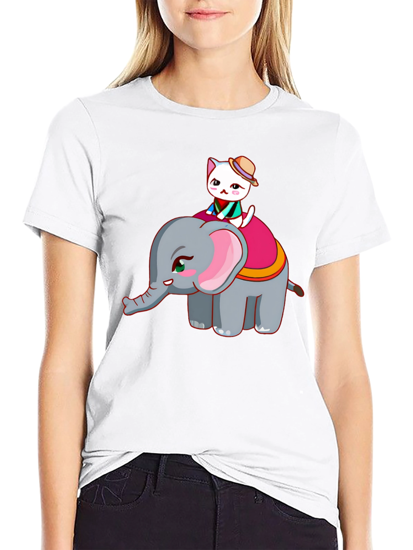 Cute Cat Riding Elephant Graphic T-Shirt
