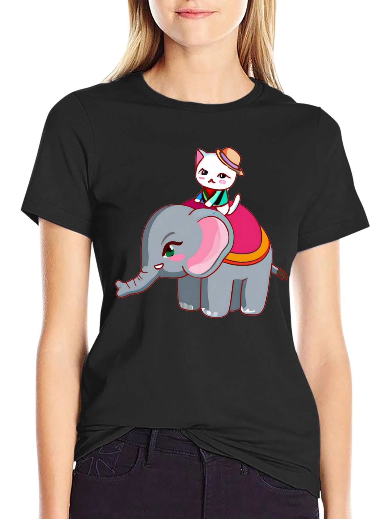 Cute Cat Riding Elephant Graphic T-Shirt