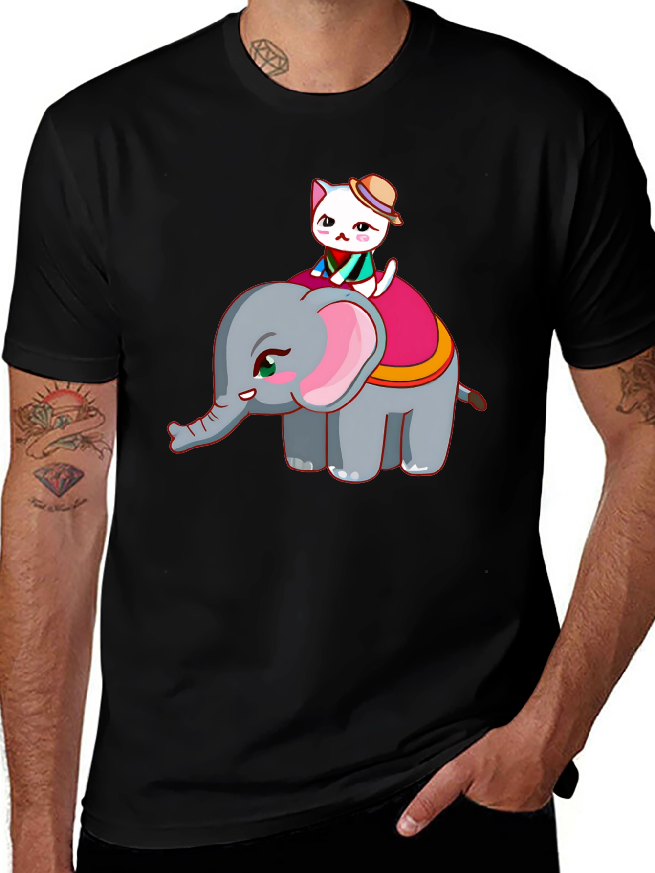 Cute Cat Riding Elephant Graphic T-Shirt