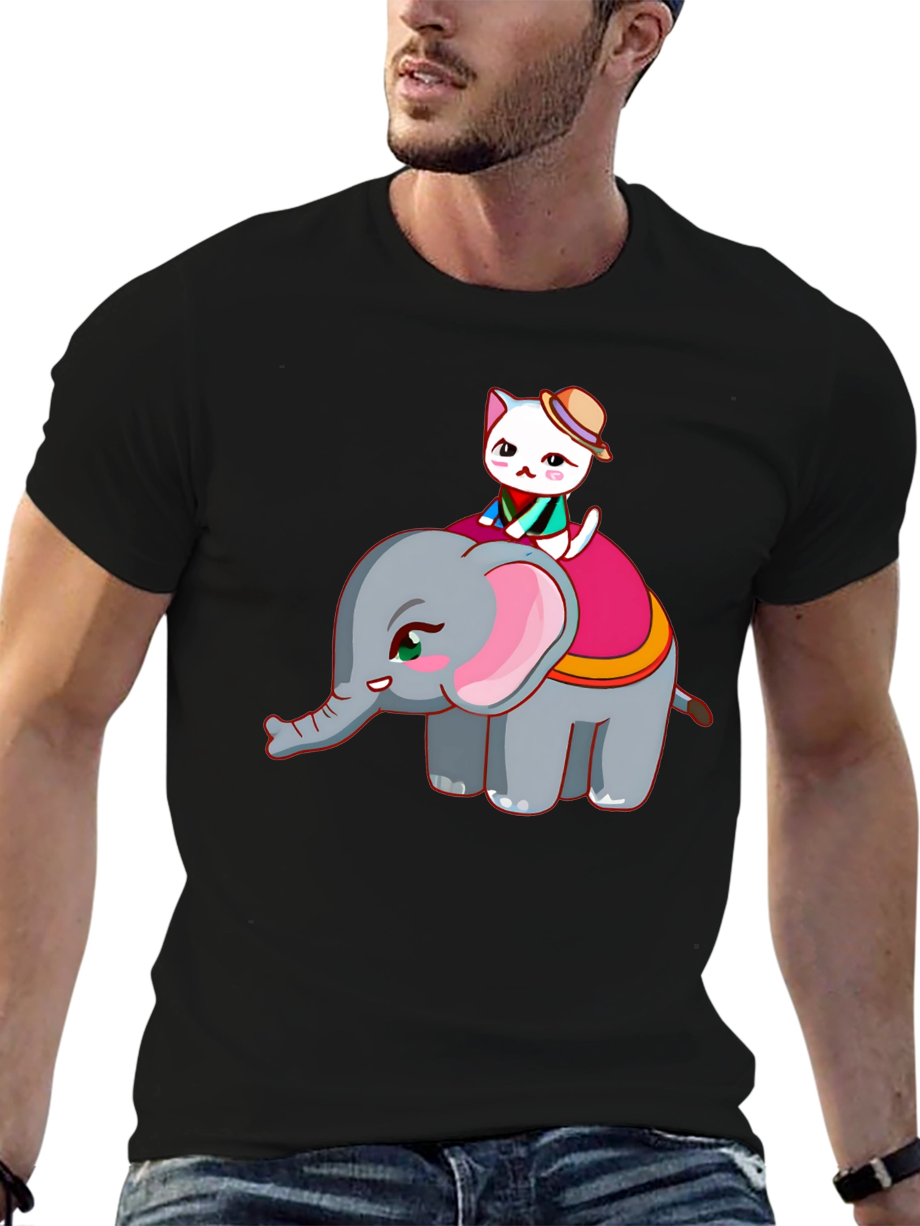 Cute Cat Riding Elephant Graphic T-Shirt