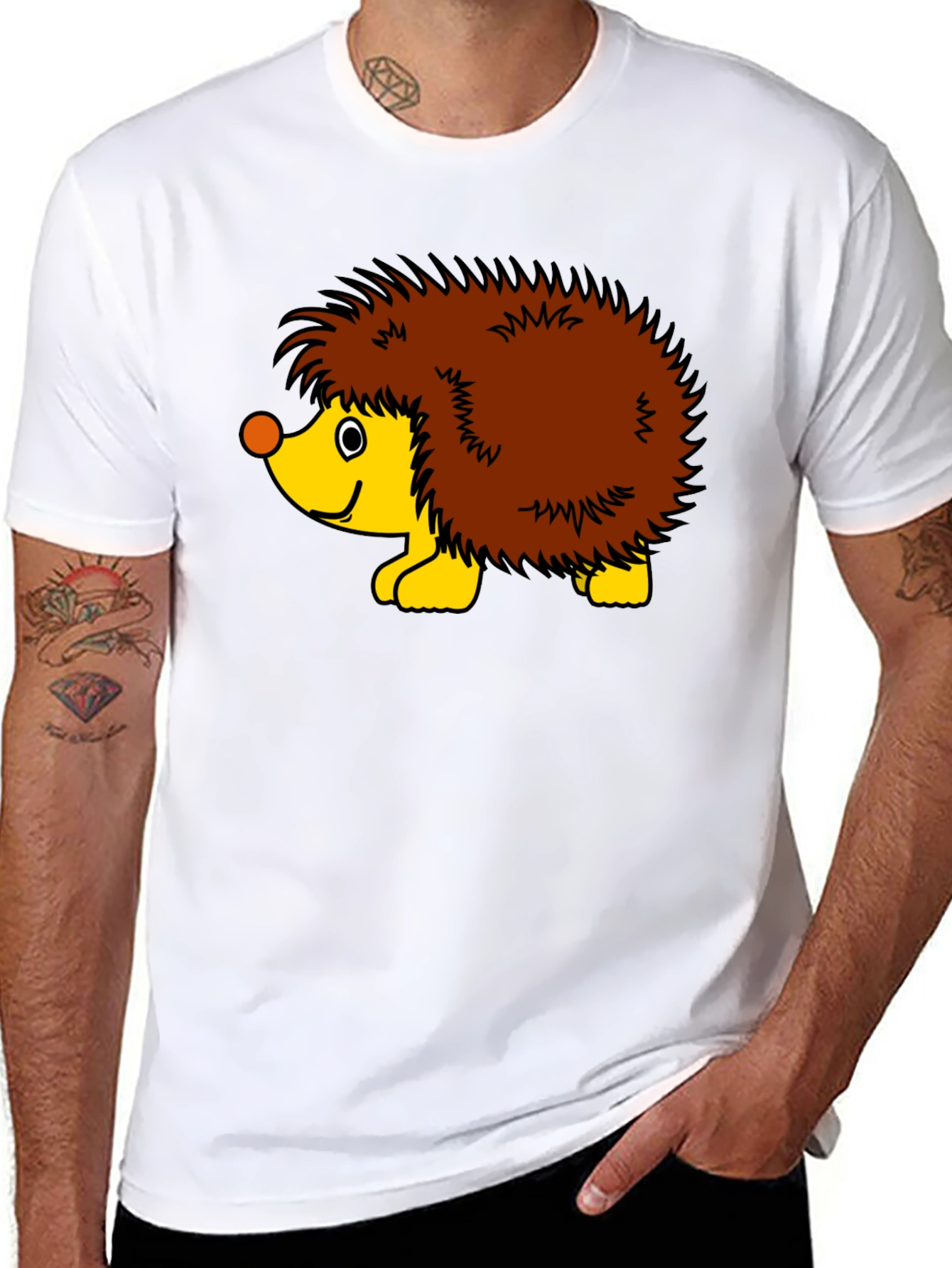Black T-Shirt with Cartoon Hedgehog Graphic
