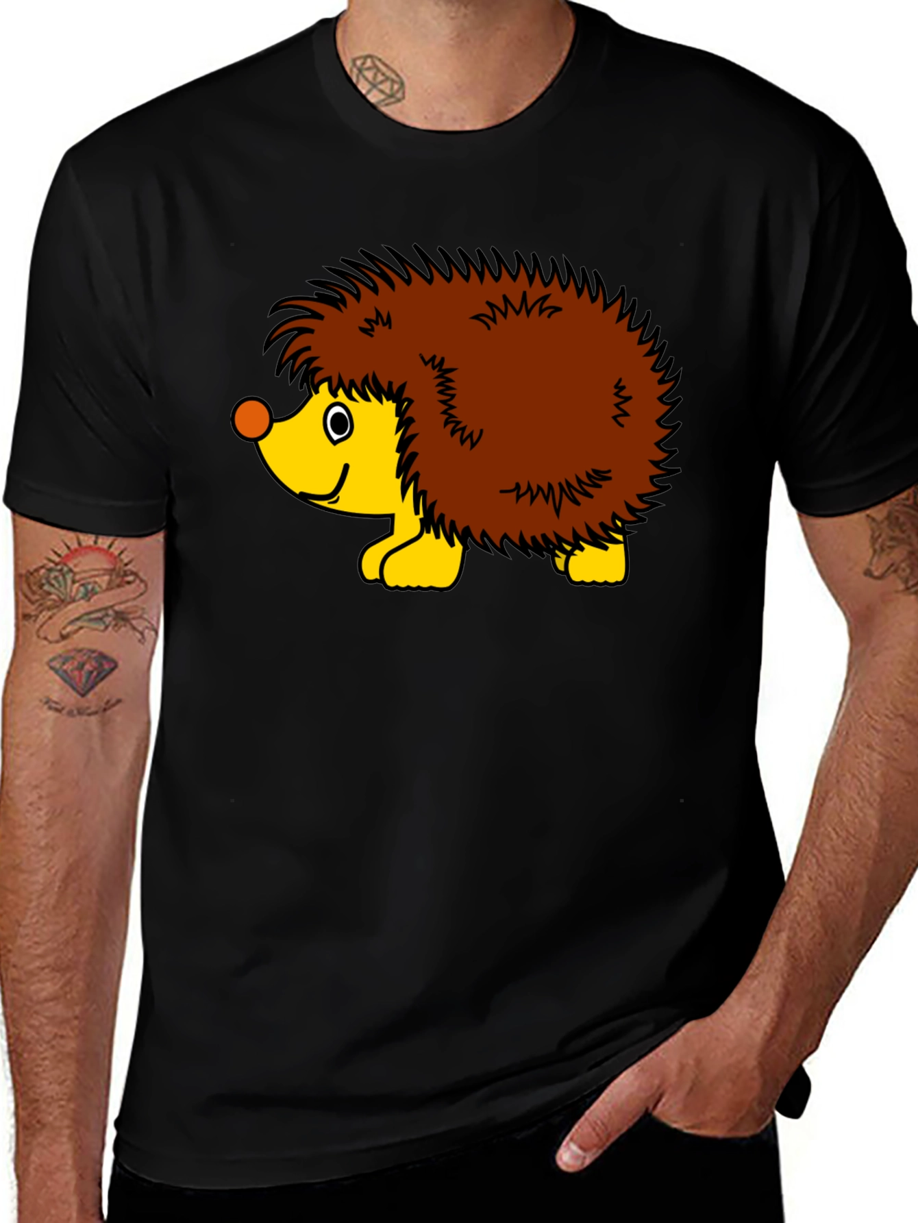 Black T-Shirt with Cartoon Hedgehog Graphic