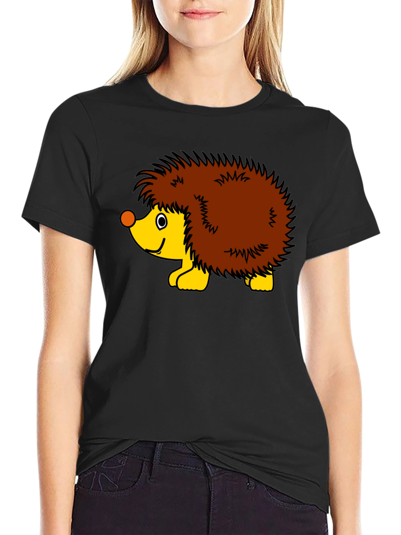 Black T-Shirt with Cartoon Hedgehog Graphic