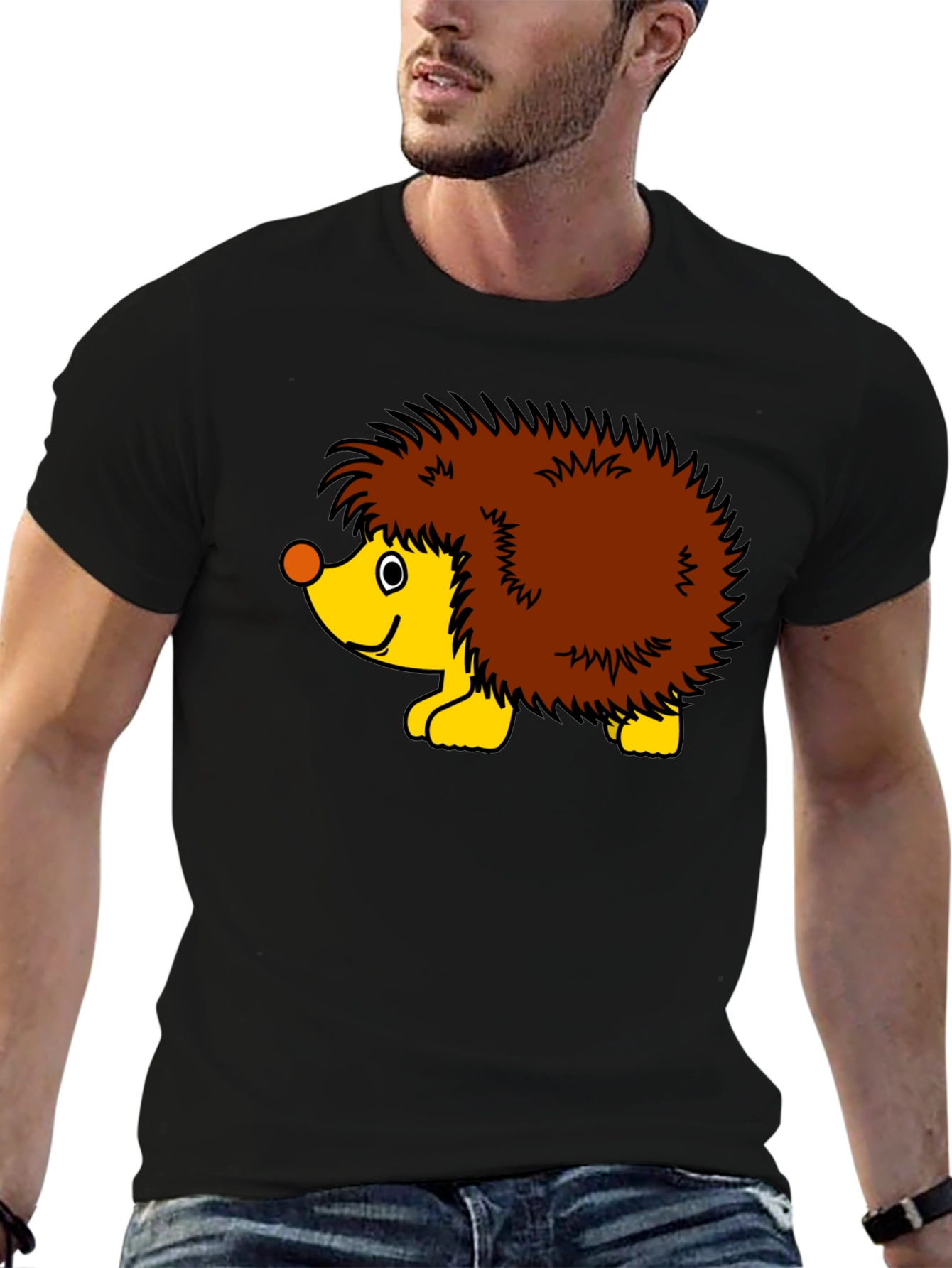 Black T-Shirt with Cartoon Hedgehog Graphic