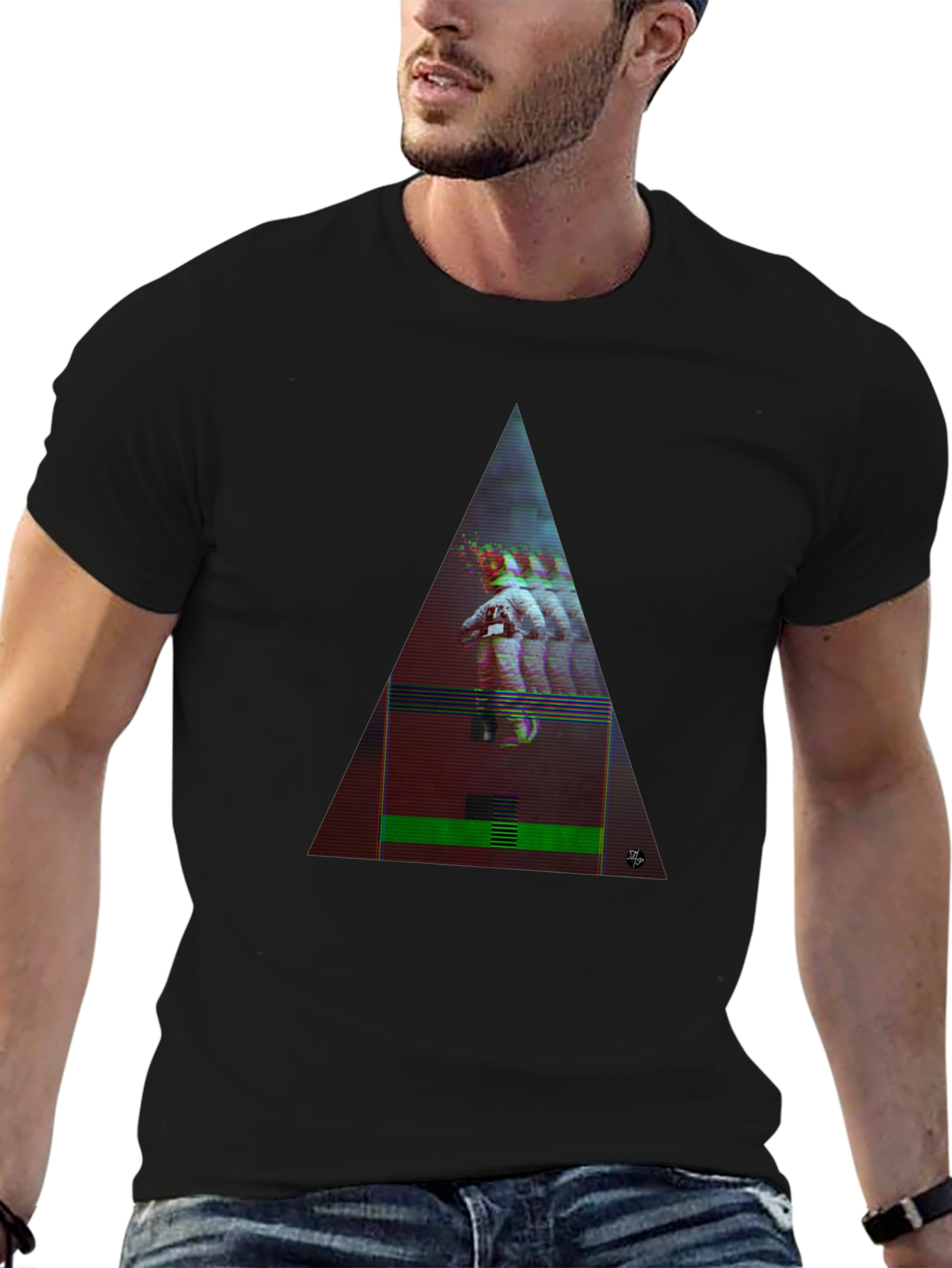 Astronaut Glitch Triangle Black T-Shirt