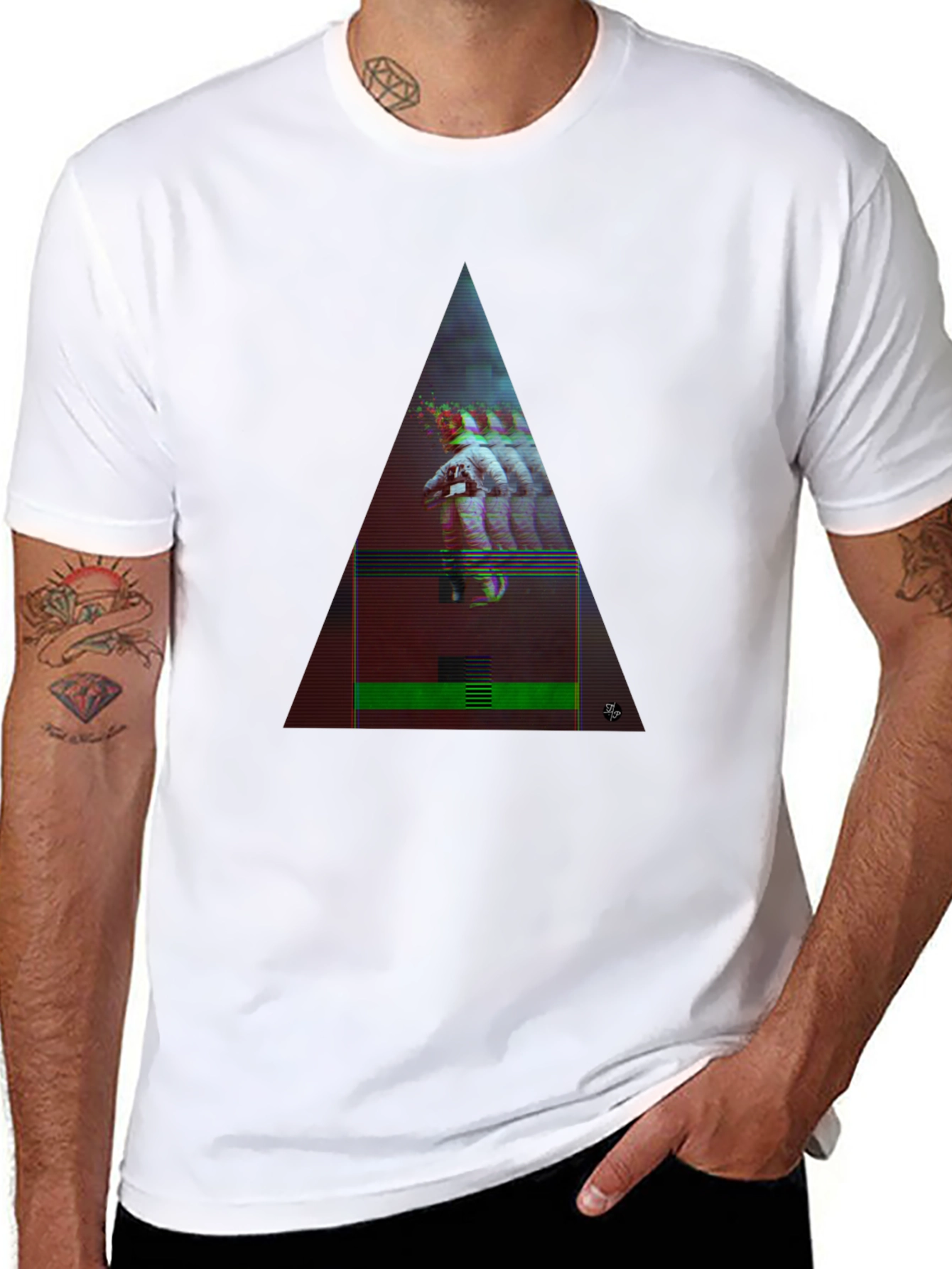 Astronaut Glitch Triangle Black T-Shirt