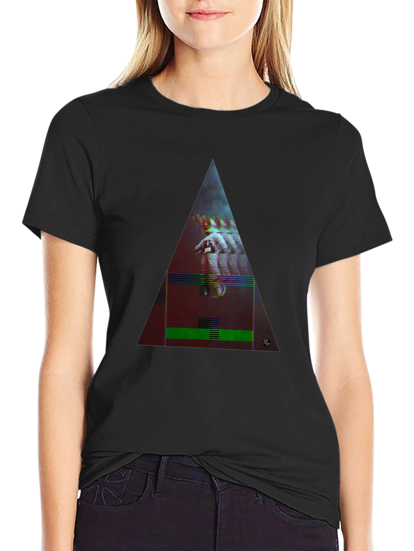 Astronaut Glitch Triangle Black T-Shirt