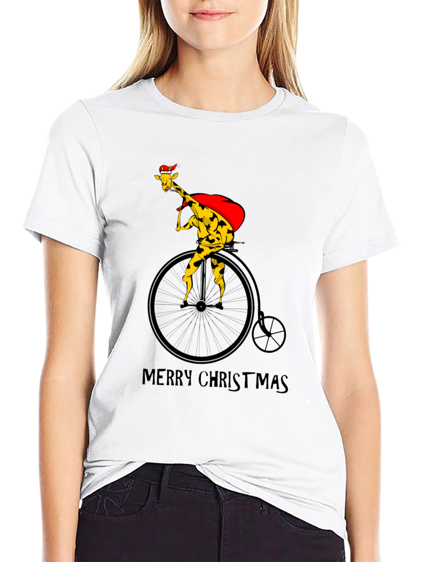 Christmas Giraffe on Bike T-Shirt