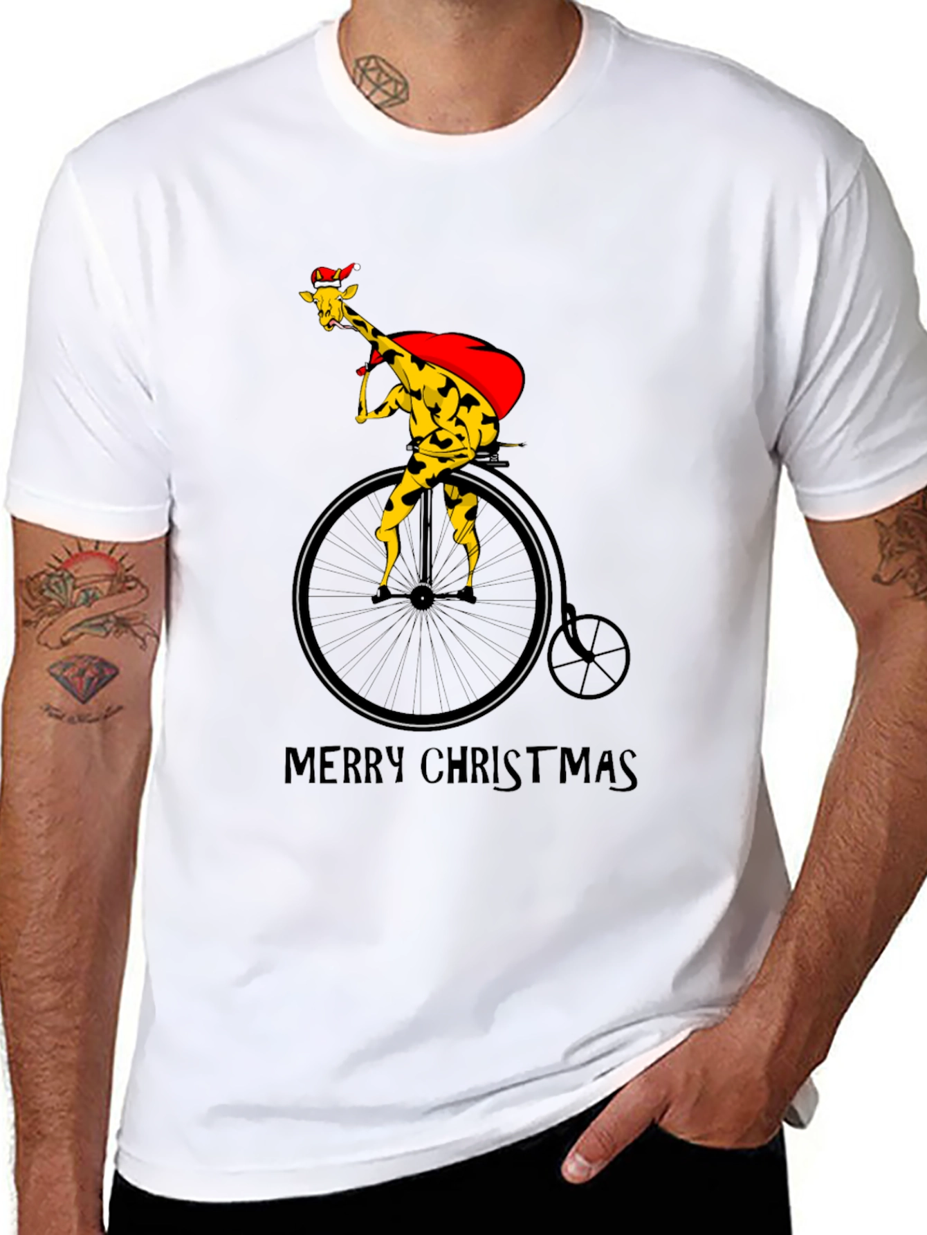 Christmas Giraffe on Bike T-Shirt