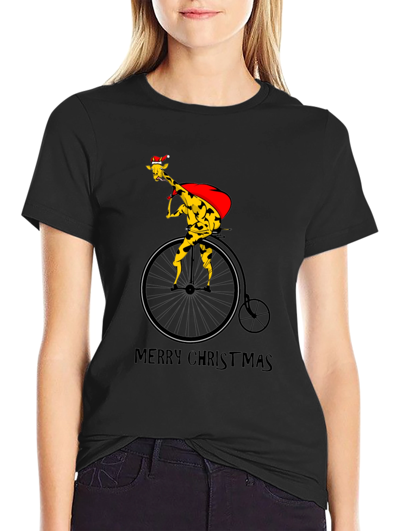 Christmas Giraffe on Bike T-Shirt
