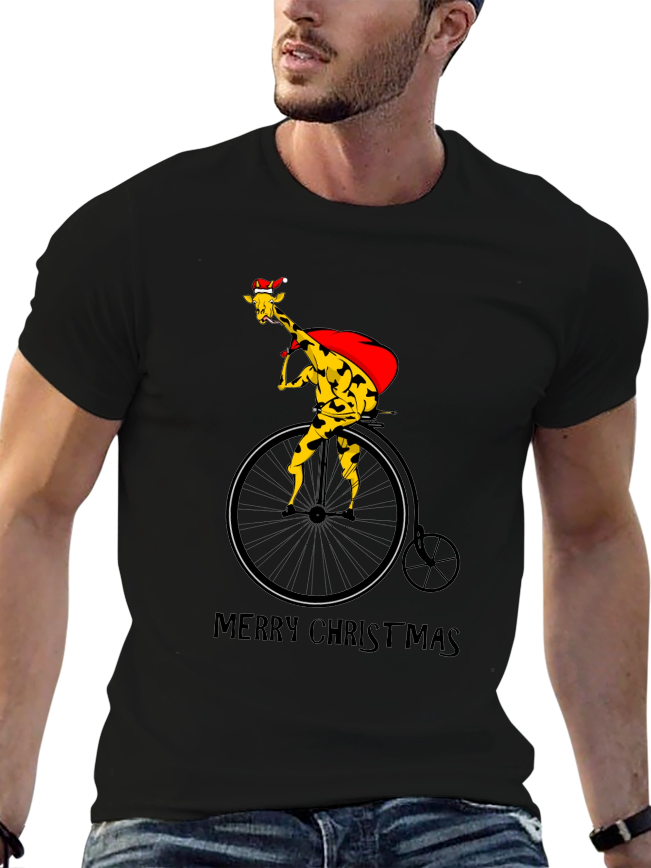 Christmas Giraffe on Bike T-Shirt