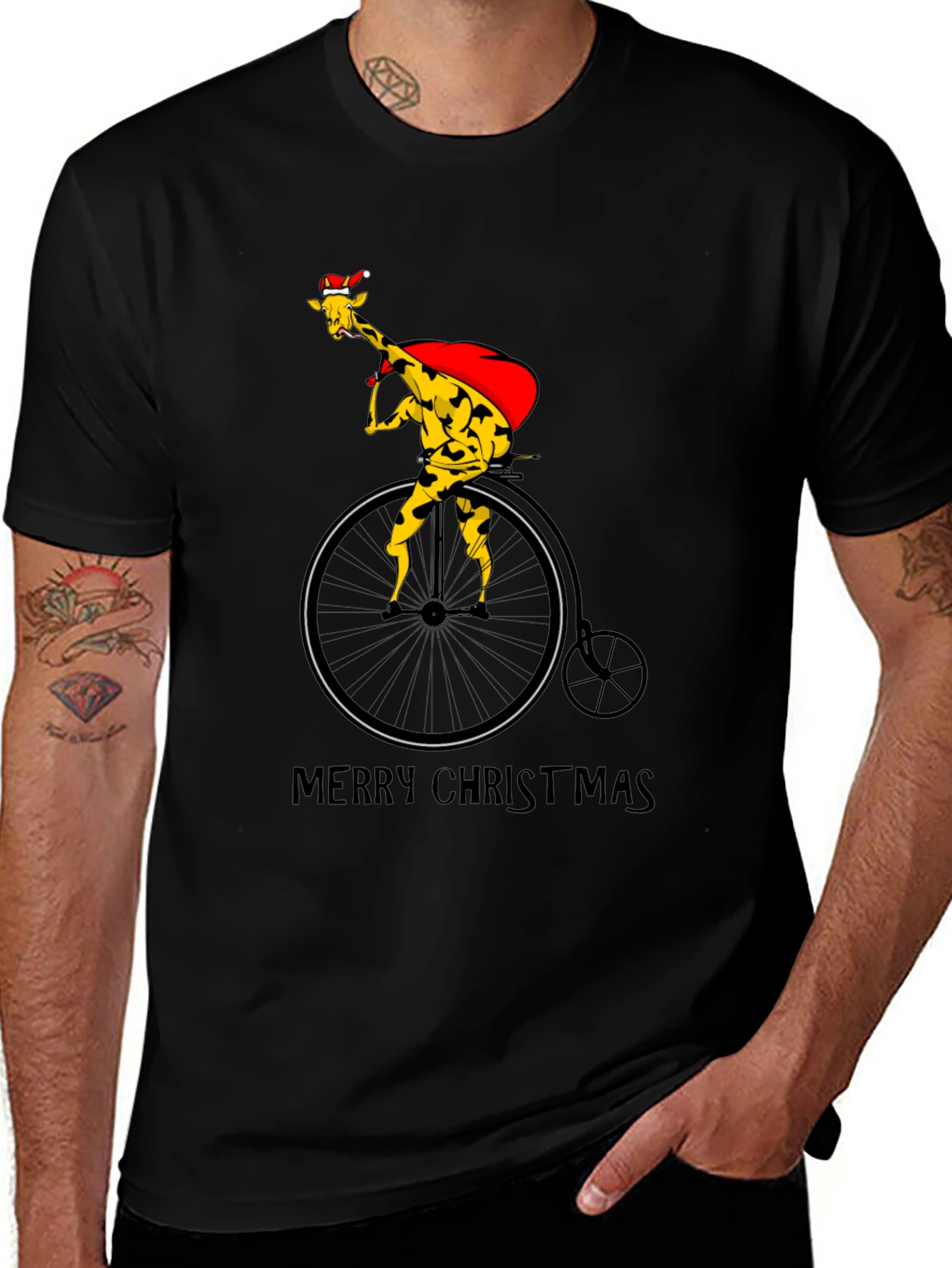 Christmas Giraffe on Bike T-Shirt