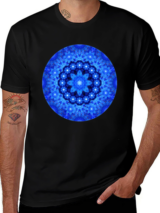 Blue Mandala Graphic Print Black T-Shirt