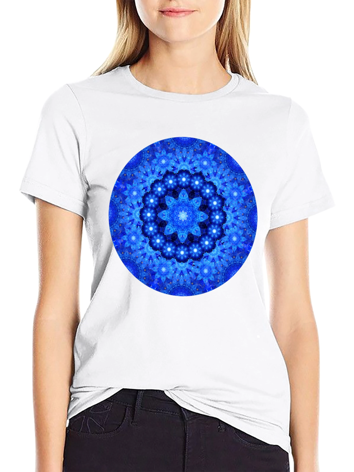 Blue Mandala Graphic Print Black T-Shirt
