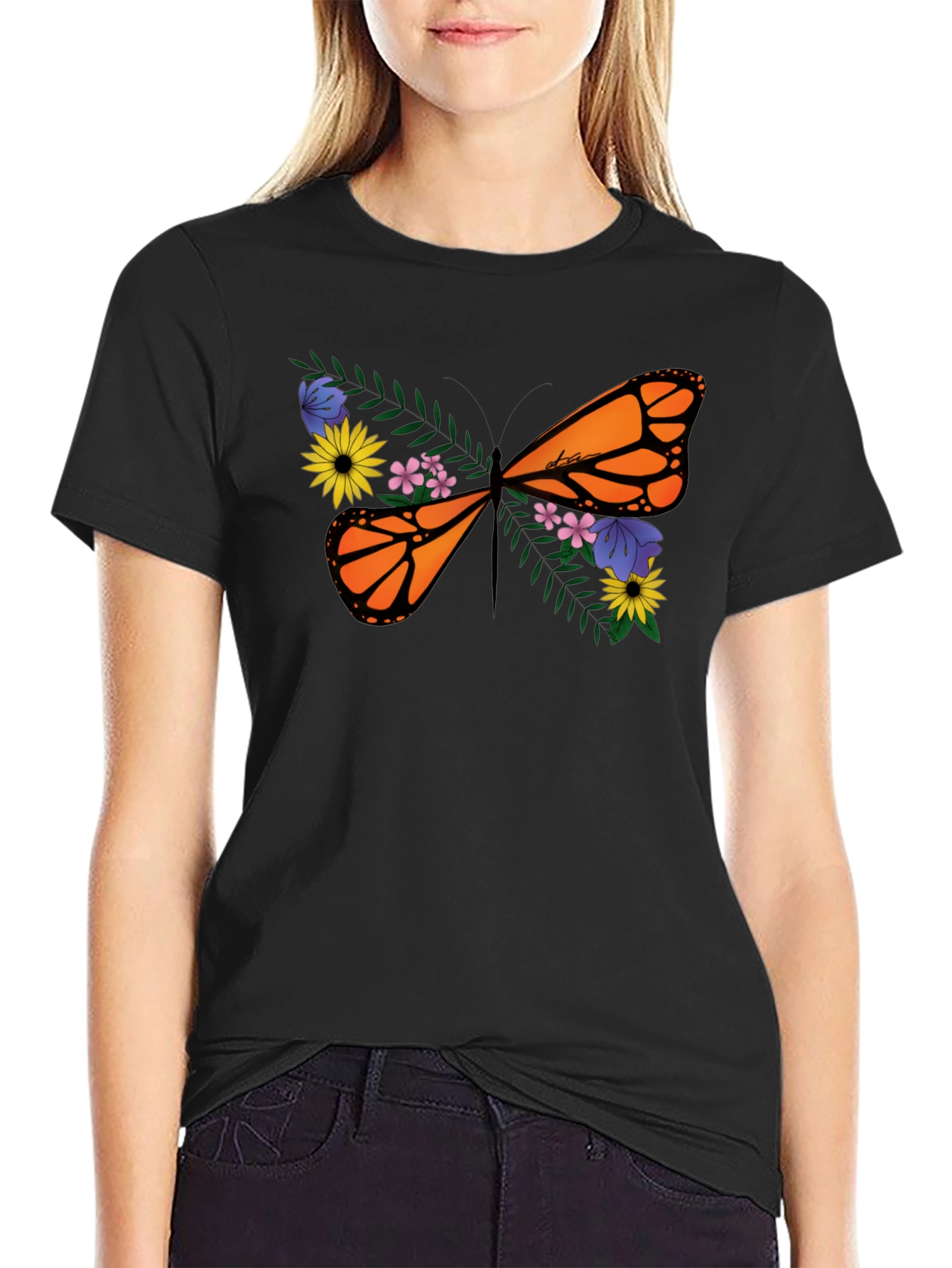 Floral Butterfly Graphic Tee - Black