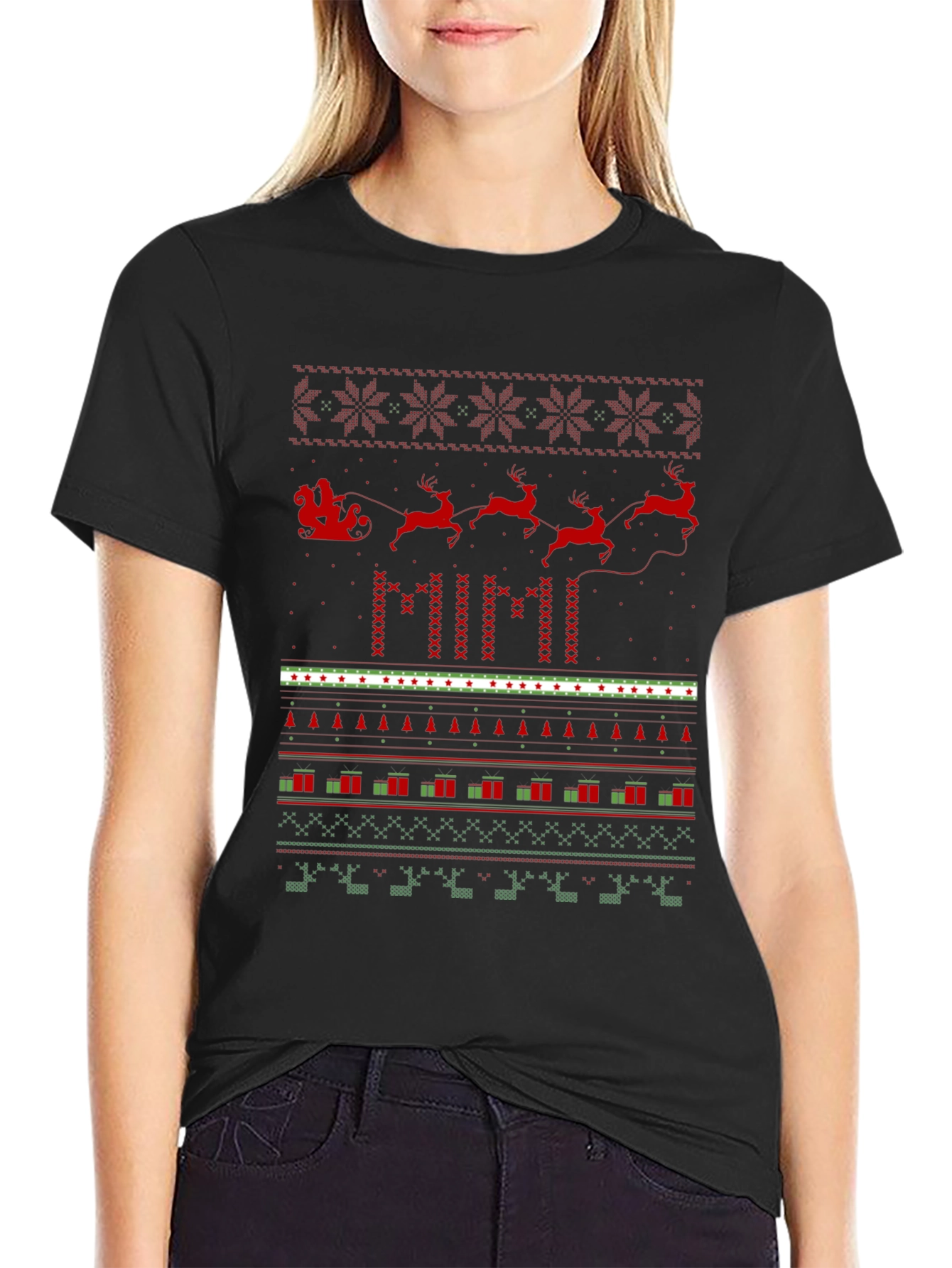 Christmas Santa Sleigh Ugly Sweater Pattern T-Shirt
