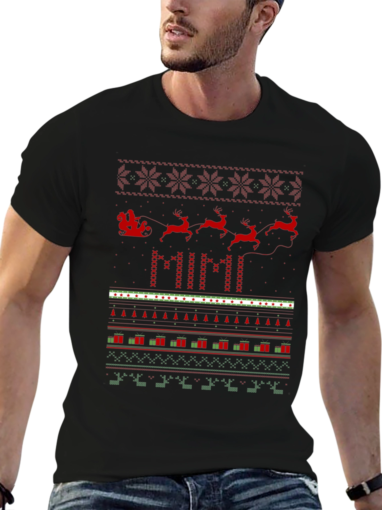 Christmas Santa Sleigh Ugly Sweater Pattern T-Shirt