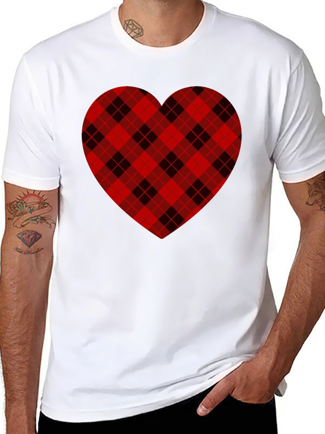 Plaid Heart Graphic Tee -  Black Cotton Blend Shirt