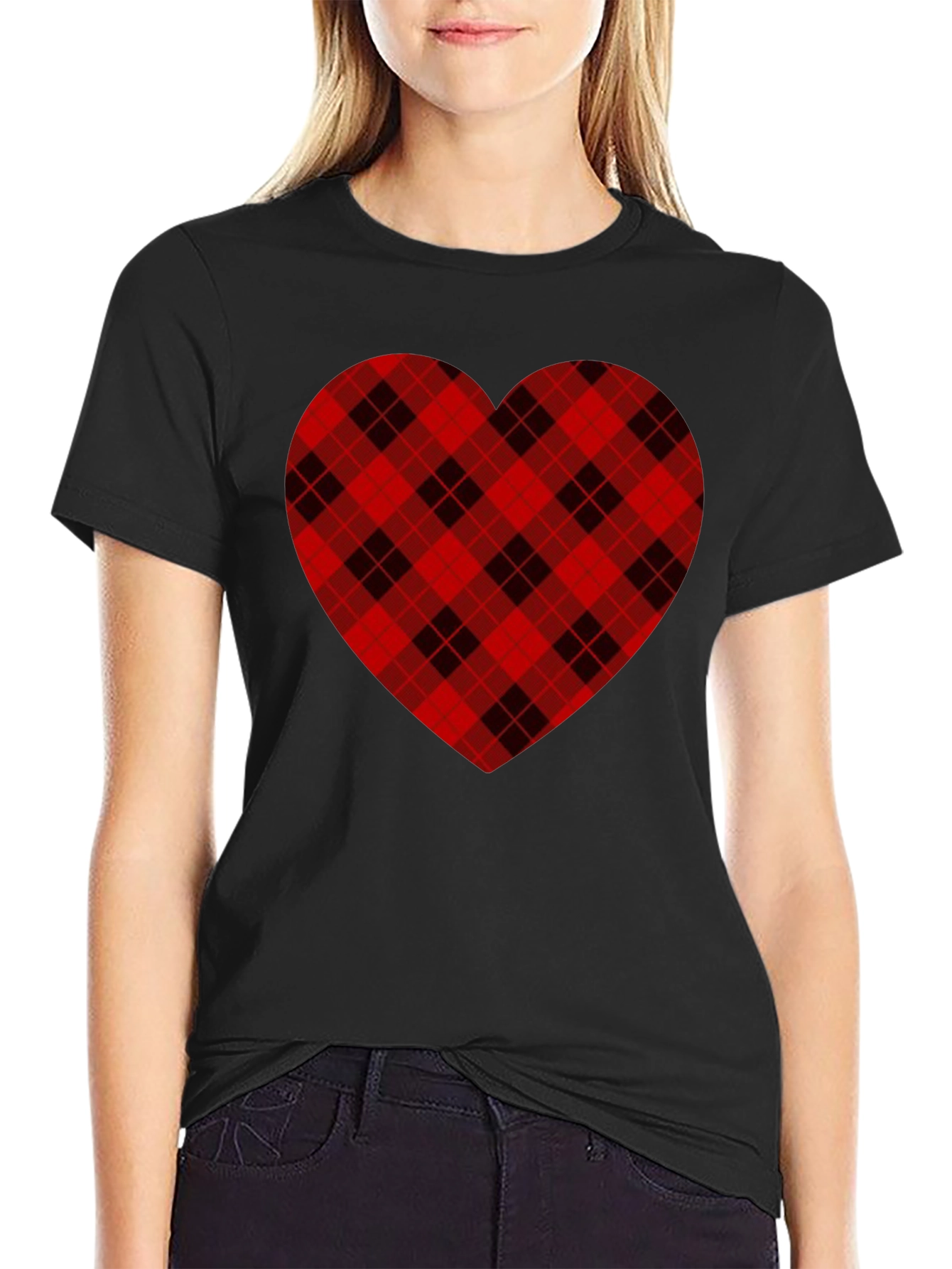 Plaid Heart Graphic Tee -  Black Cotton Blend Shirt