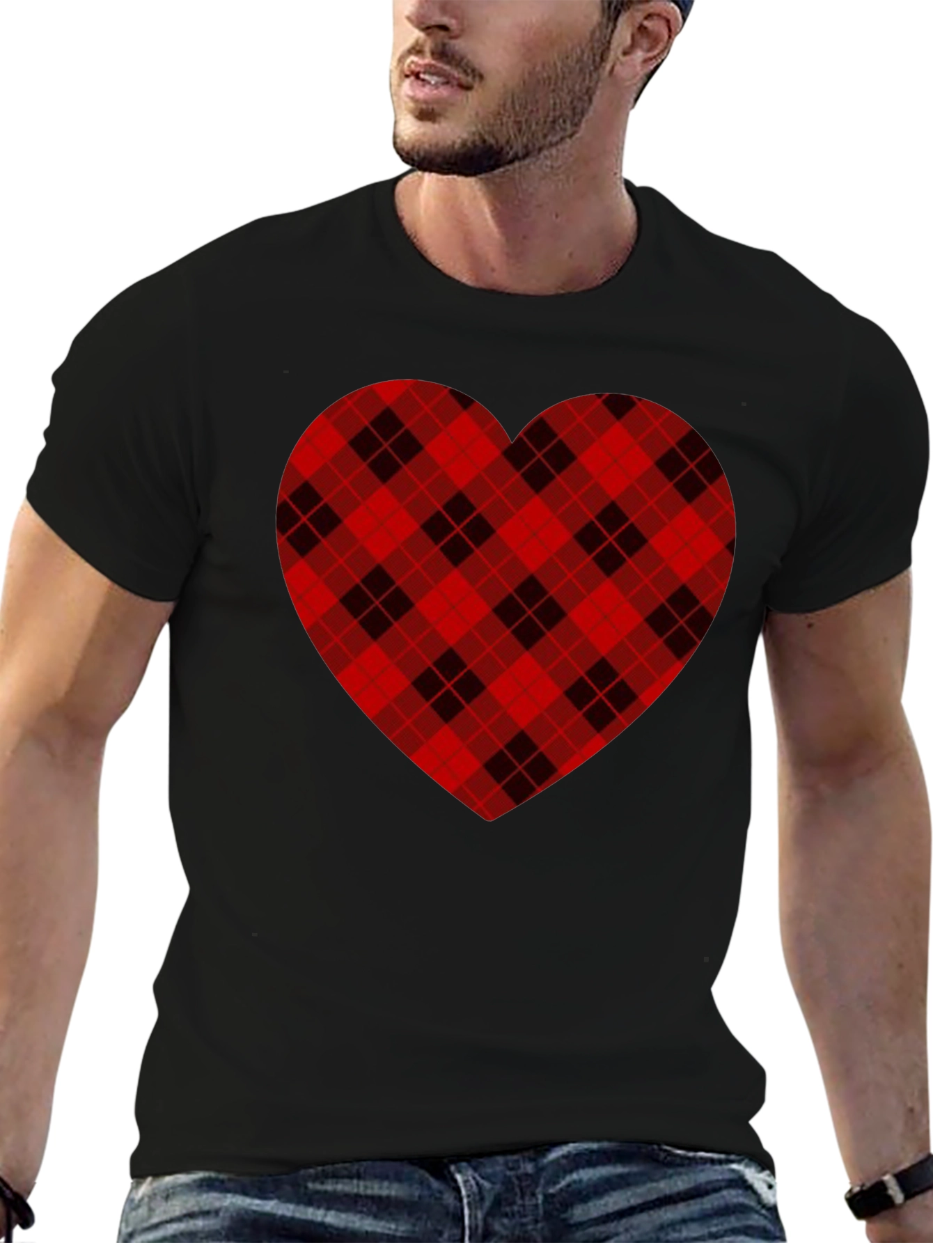Plaid Heart Graphic Tee -  Black Cotton Blend Shirt