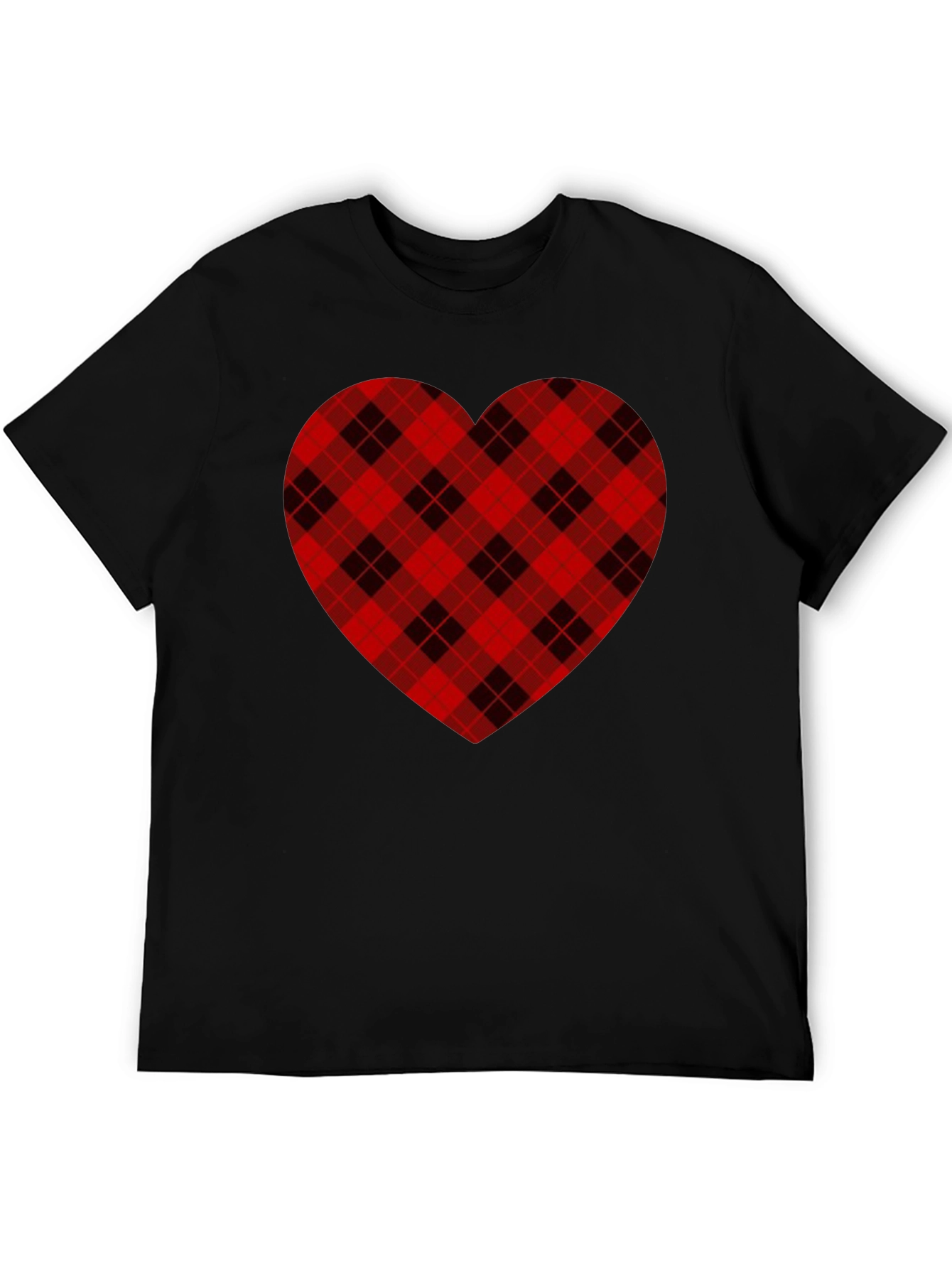 Plaid Heart Graphic Tee -  Black Cotton Blend Shirt
