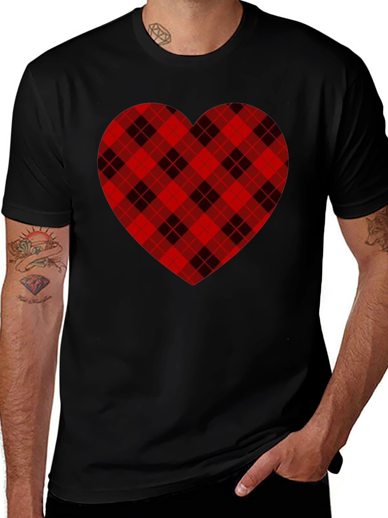 Plaid Heart Graphic Tee -  Black Cotton Blend Shirt