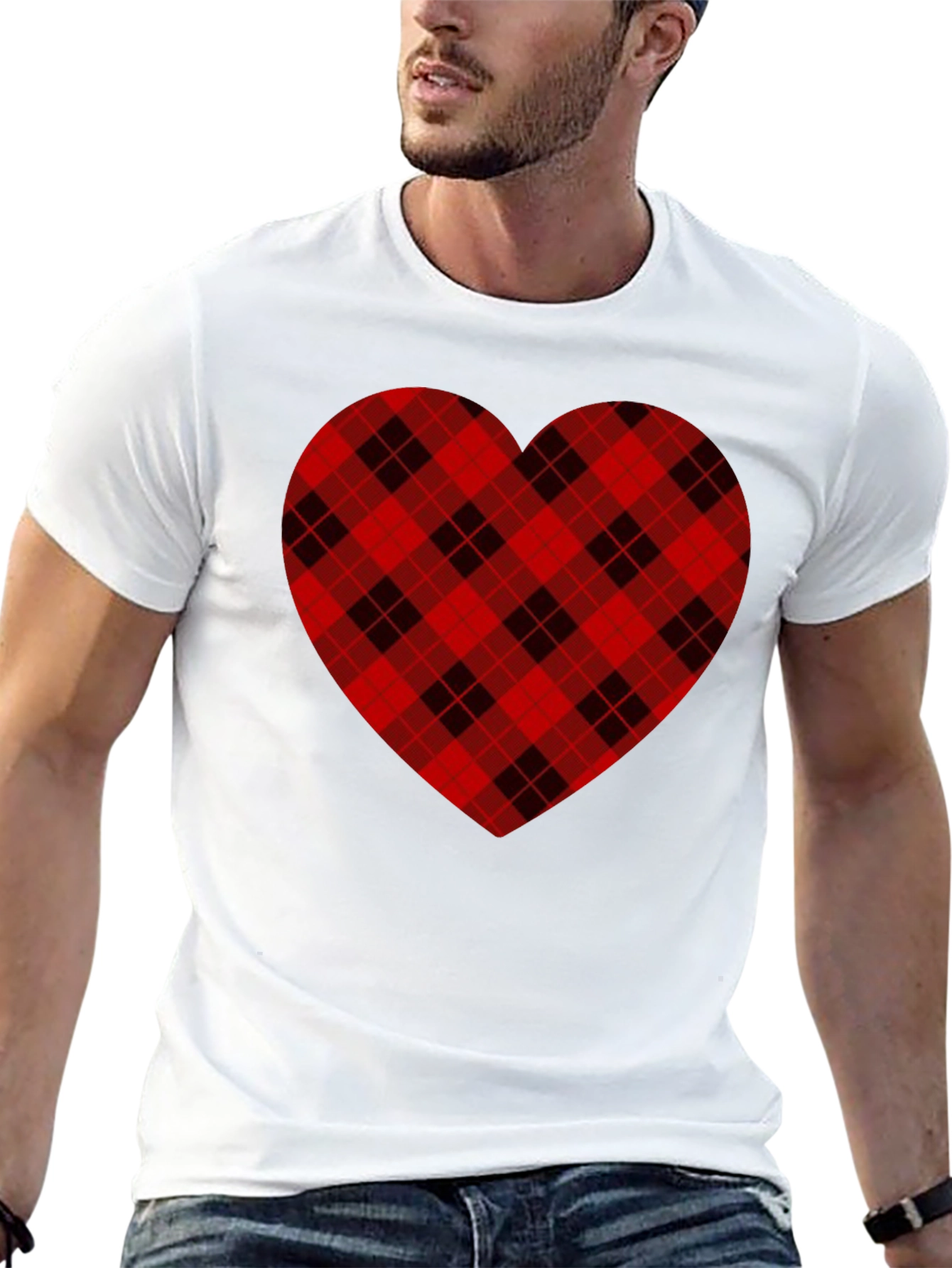 Plaid Heart Graphic Tee -  Black Cotton Blend Shirt