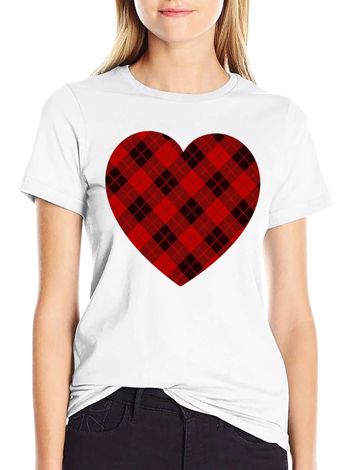 Plaid Heart Graphic Tee -  Black Cotton Blend Shirt