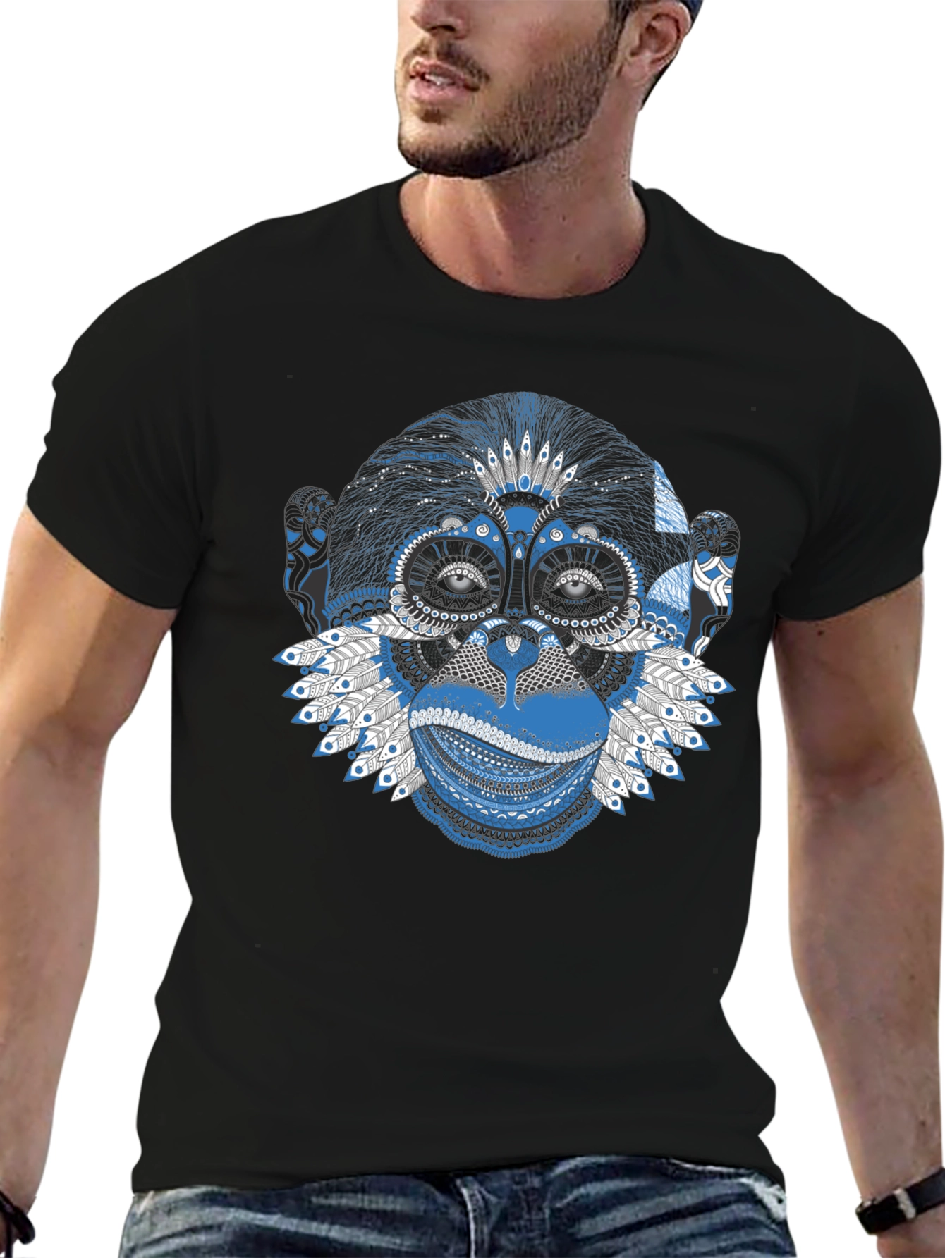 Abstract Monkey Graphic Tee - Stylish Mens Black T-Shirt