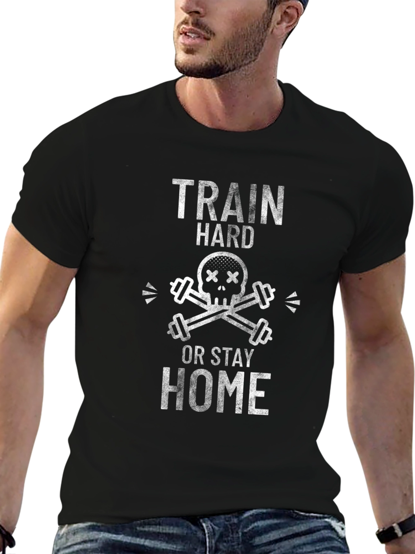 Train Hard Graphic Tee - Skull & Barbell Design